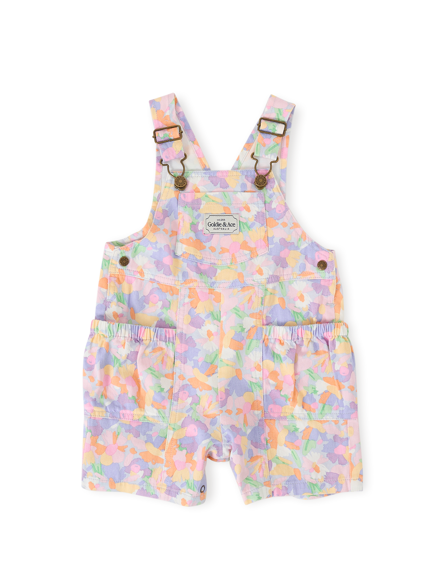 The Goldie + Ace Pastel Bouquet James Pocket Overalls in Lilac Multi pictured on a transparent background. The material is 100% cotton. It is a overall made for babies, toddlers and kids.