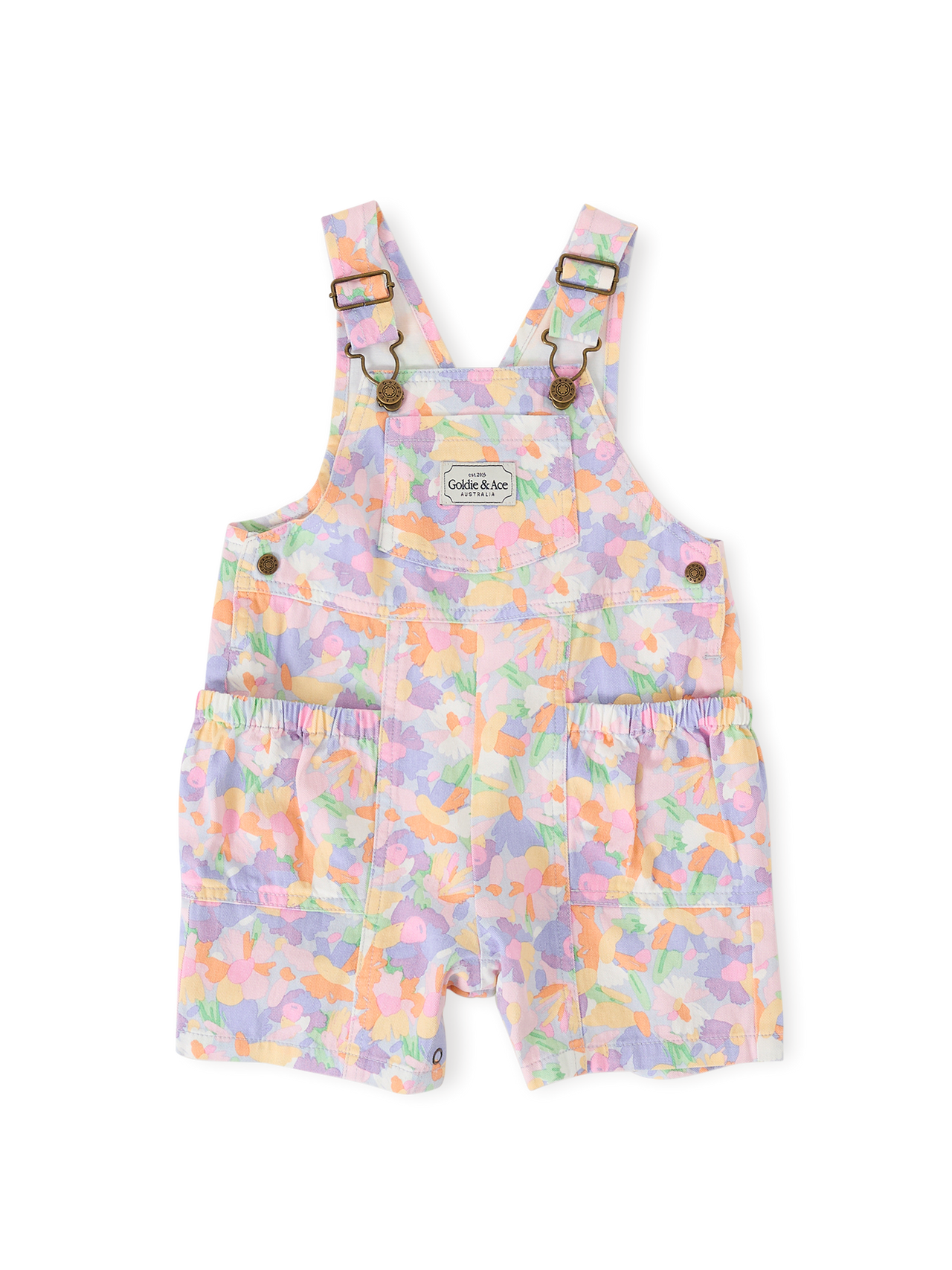 The Goldie + Ace Pastel Bouquet James Pocket Overalls in Lilac Multi pictured on a transparent background. The material is 100% cotton. It is a overall made for babies, toddlers and kids.