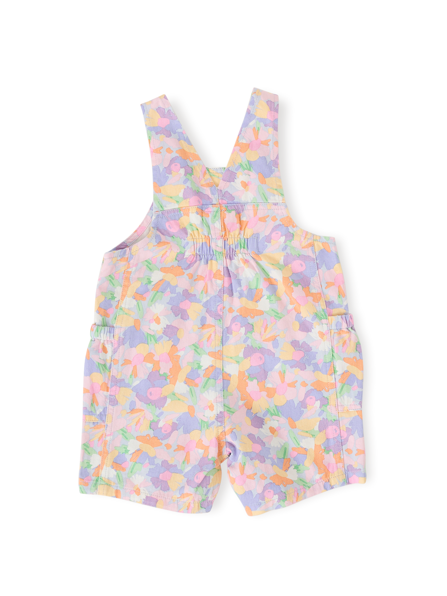 The Goldie + Ace Pastel Bouquet James Pocket Overalls in Lilac Multi pictured on a transparent background. The material is 100% cotton. It is a overall made for babies, toddlers and kids.