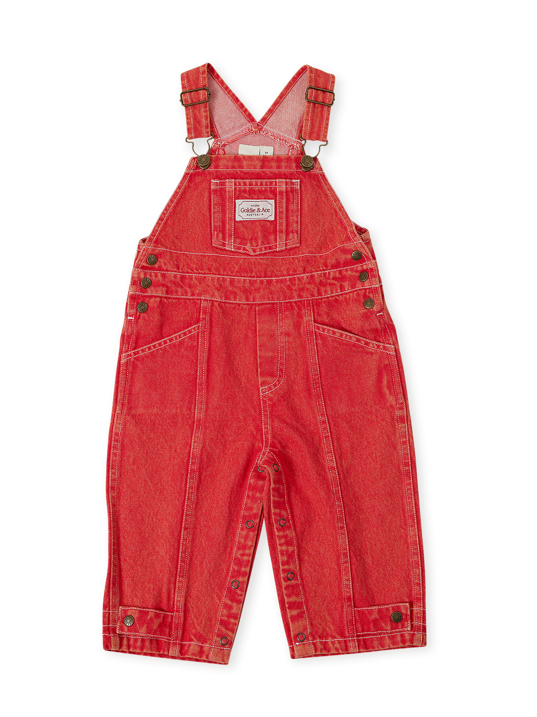 The Goldie + Ace Blake Vintage Washed Denim Overalls in Apple Red pictured on a transparent background. The material is 100% cotton. It is a overall made for babies, toddlers and kids.