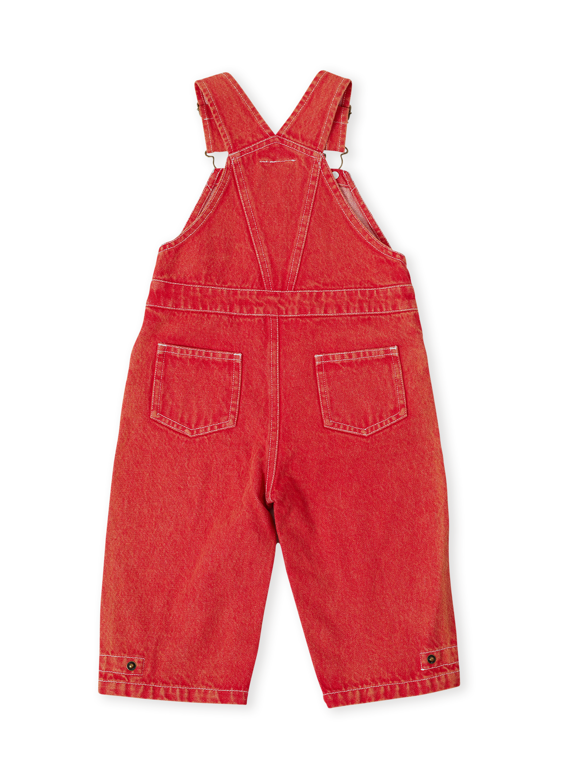 The Goldie + Ace Blake Vintage Washed Denim Overalls in Apple Red pictured on a transparent background. The material is 100% cotton. It is a overall made for babies, toddlers and kids.
