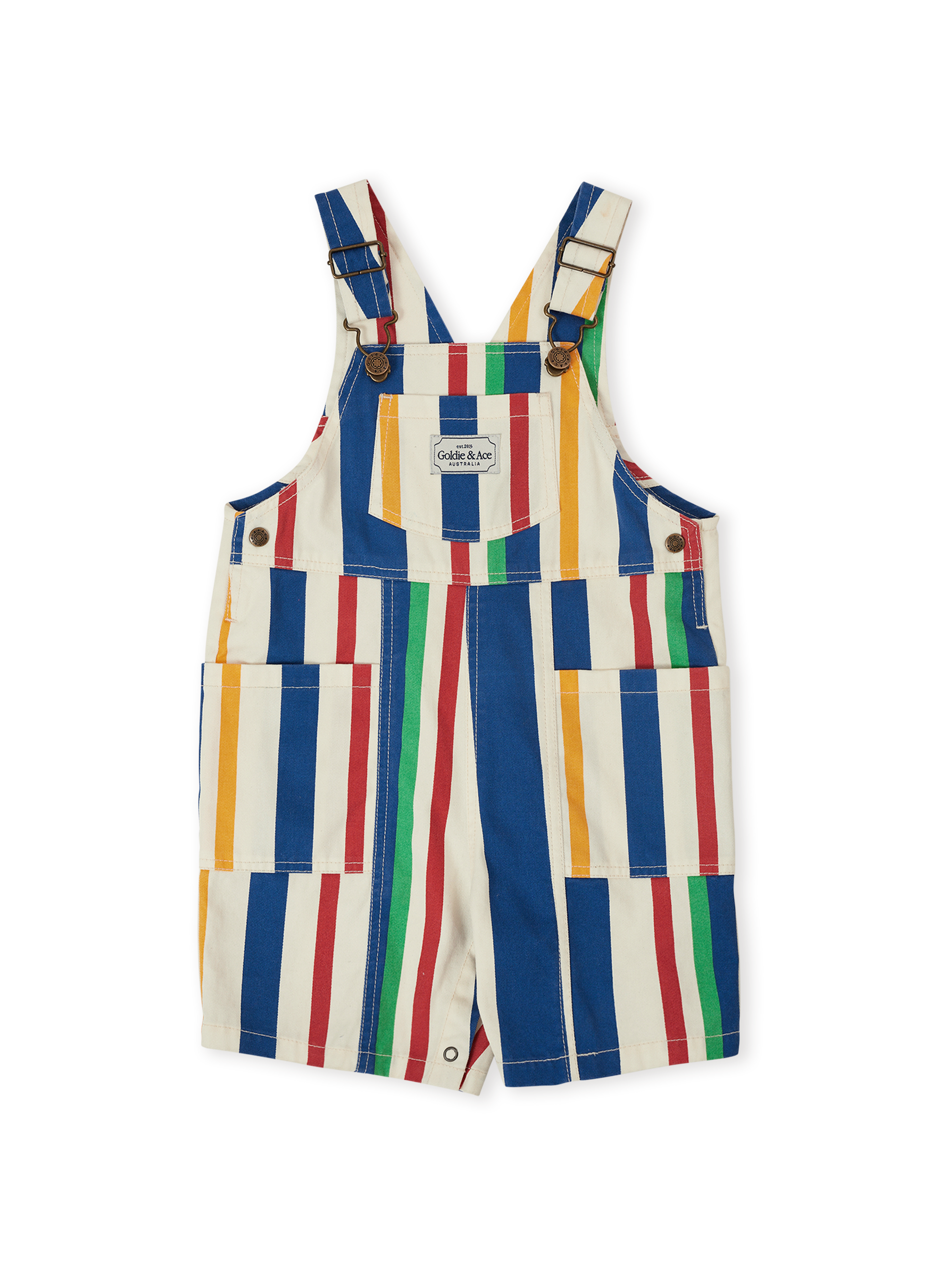 The Goldie + Ace 90's Bold Stripe James Denim Pocket Overalls in Primary pictured on a transparent background. The material is 100% cotton. It is a overall made for babies, toddlers and kids.