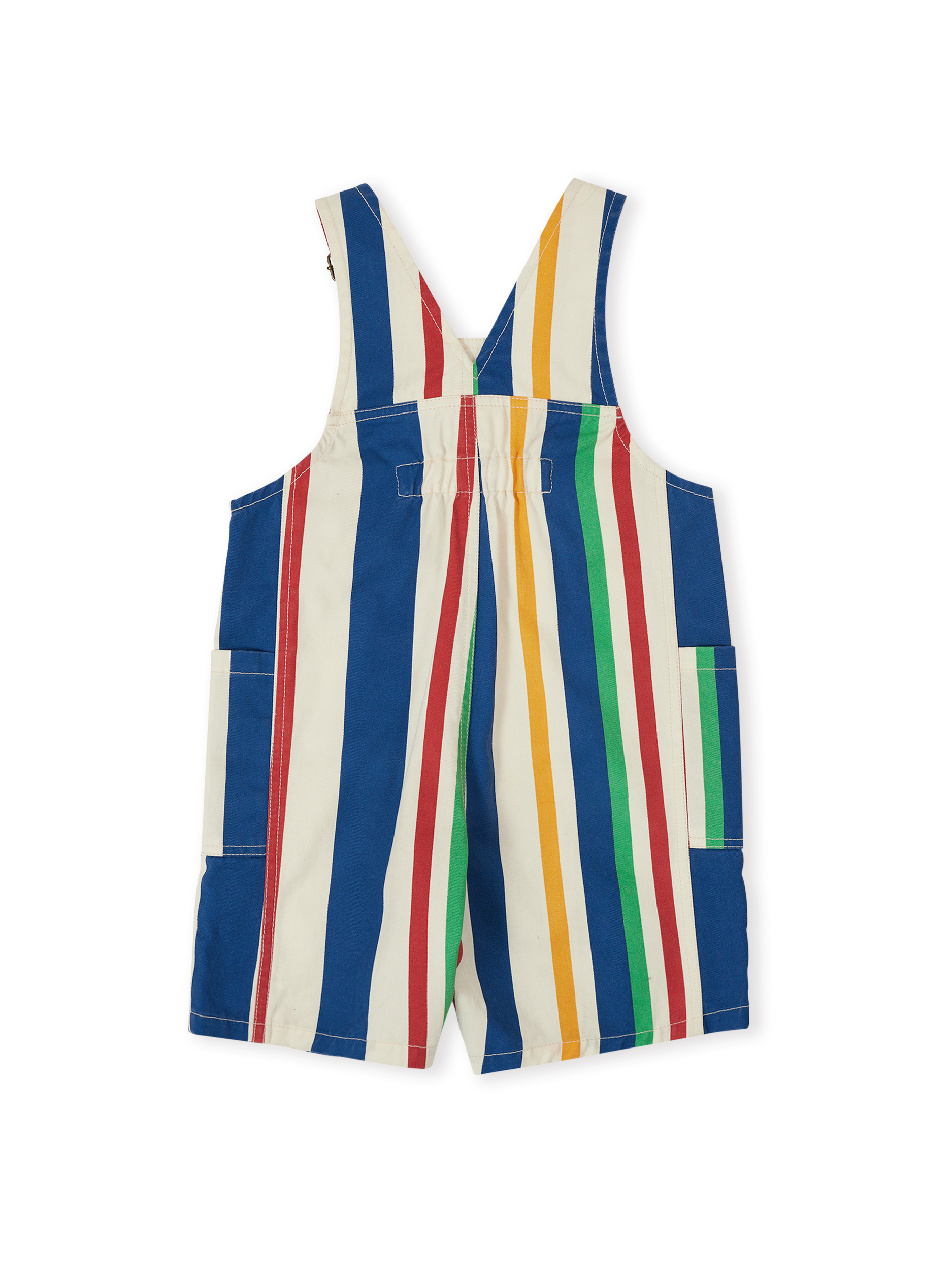 The Goldie + Ace 90's Bold Stripe James Denim Pocket Overalls in Primary pictured on a transparent background. The material is 100% cotton. It is a overall made for babies, toddlers and kids.