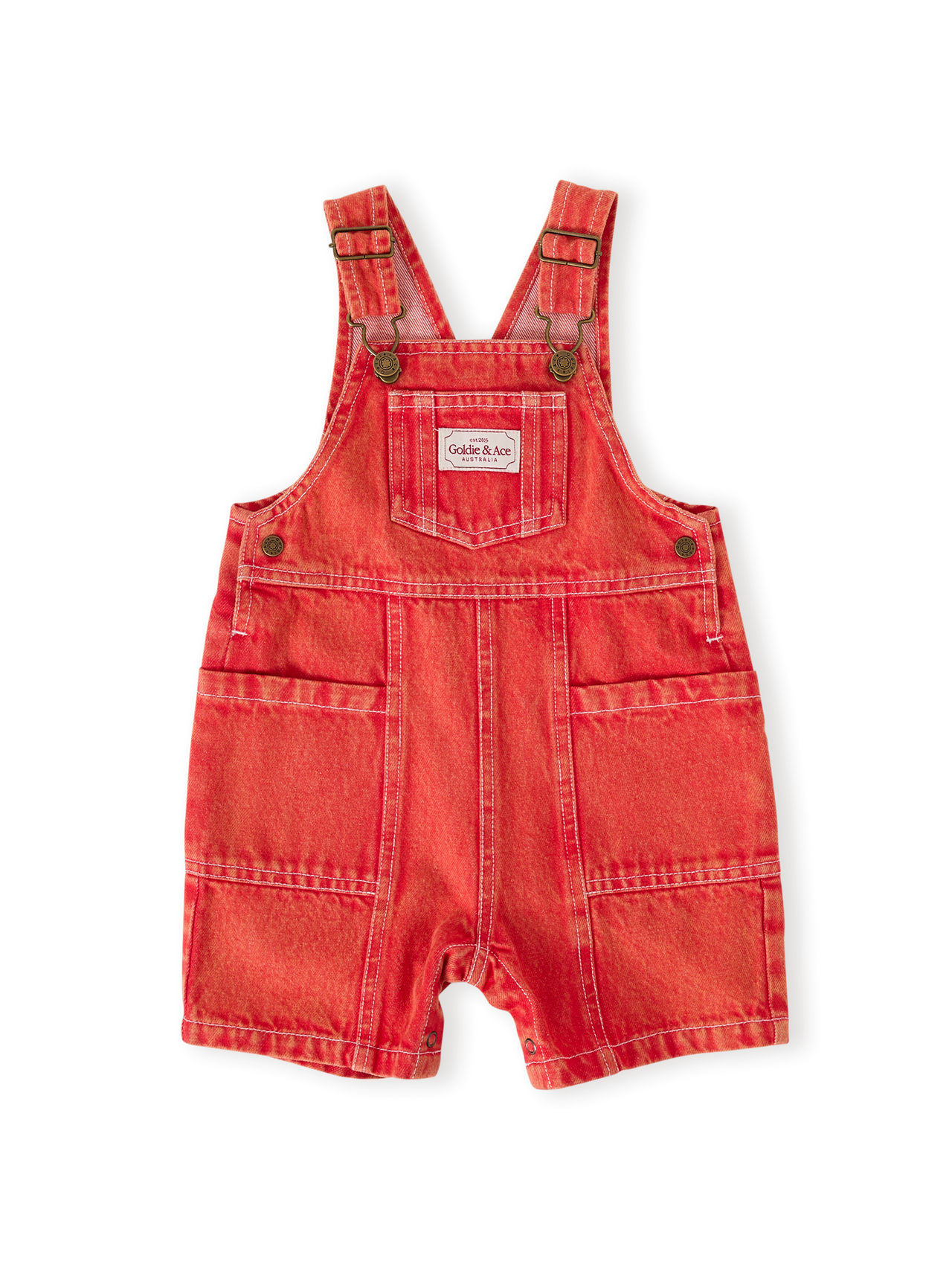 The Goldie + Ace James Vintage Washed Denim Pocket Overalls in Apple Red pictured on a transparent background. The material is 100% cotton. It is a overall made for babies, toddlers and kids.