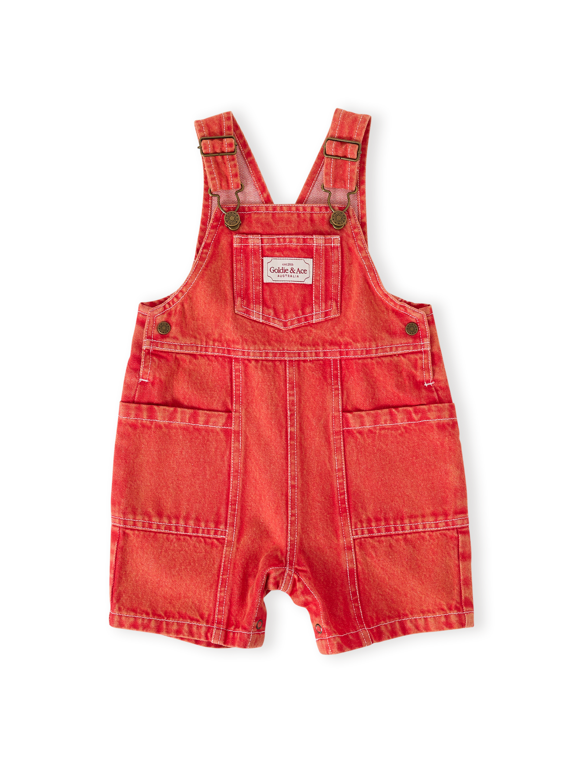 The Goldie + Ace James Vintage Washed Denim Pocket Overalls in Apple Red pictured on a transparent background. The material is 100% cotton. It is a overall made for babies, toddlers and kids.