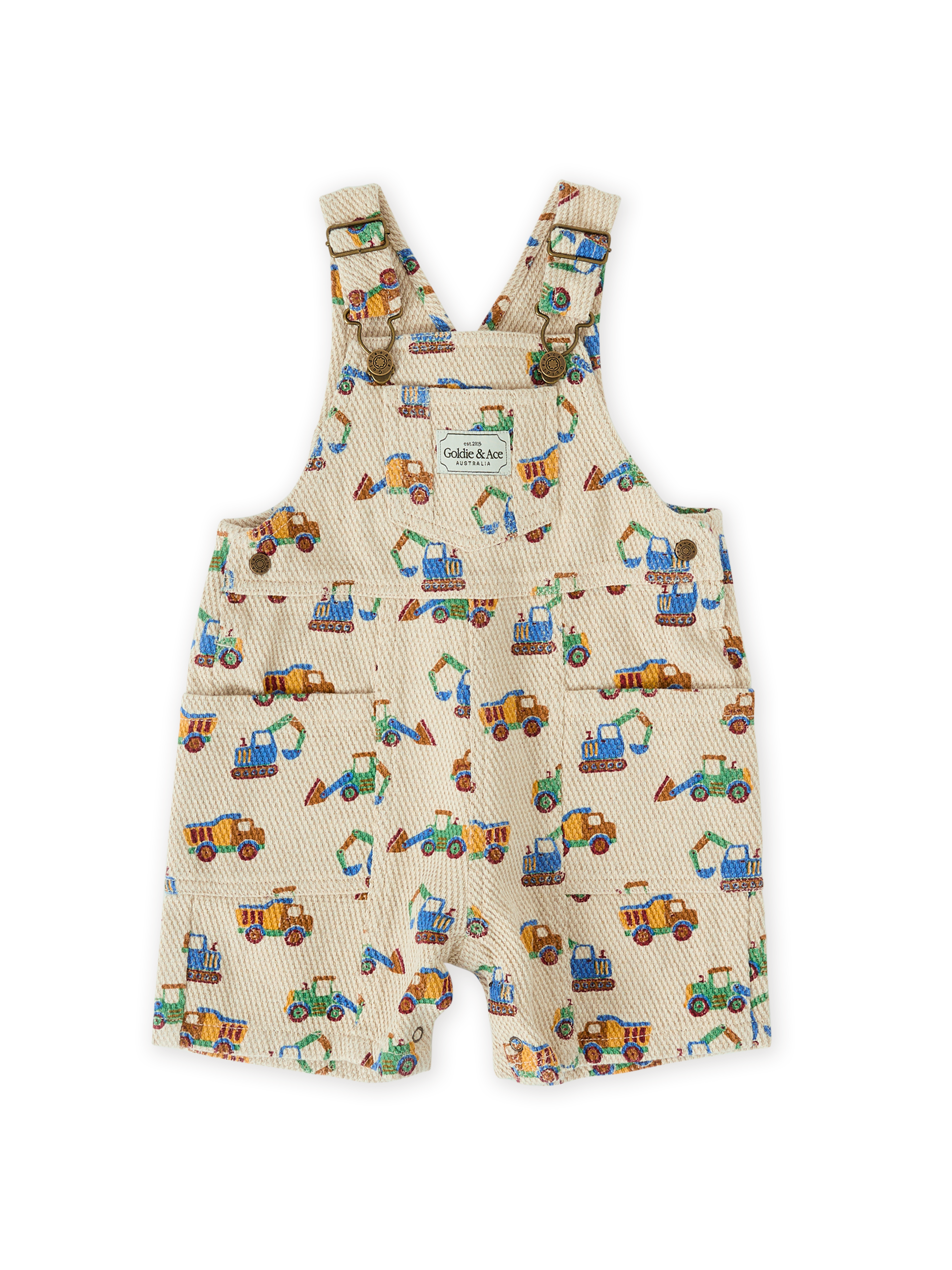 The Goldie + Ace Diggers James Pocket Overalls in Sand pictured on a transparent background. The material is durable & soft cotton-linen blend. It is a overall made for babies, toddlers and kids.