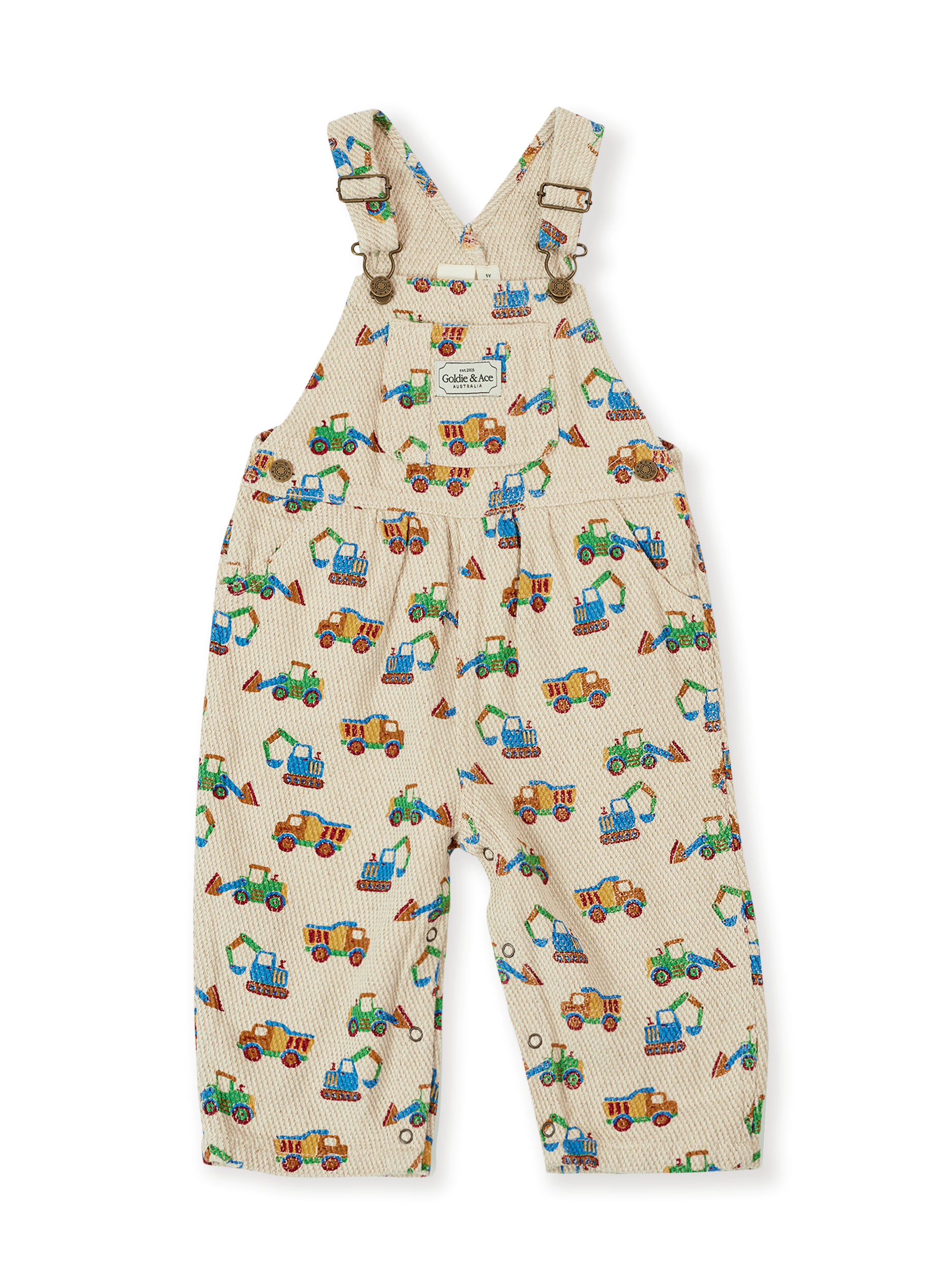 The Goldie + Ace Diggers Austin Overalls in Sand pictured on a transparent background. The material is durable & soft cotton-linen blend. It is a overall made for babies, toddlers and kids.