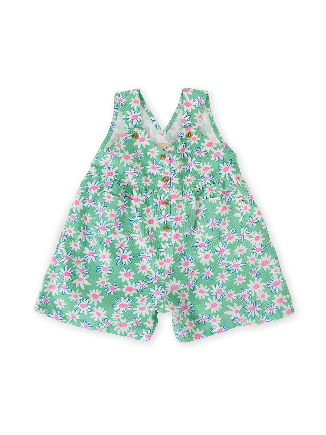 The Goldie + Ace Daisy Patch Sara Shortalls in Moss pictured on a transparent background. The material is breathable cotton-linen blend. It is a overall made for babies, toddlers and kids.