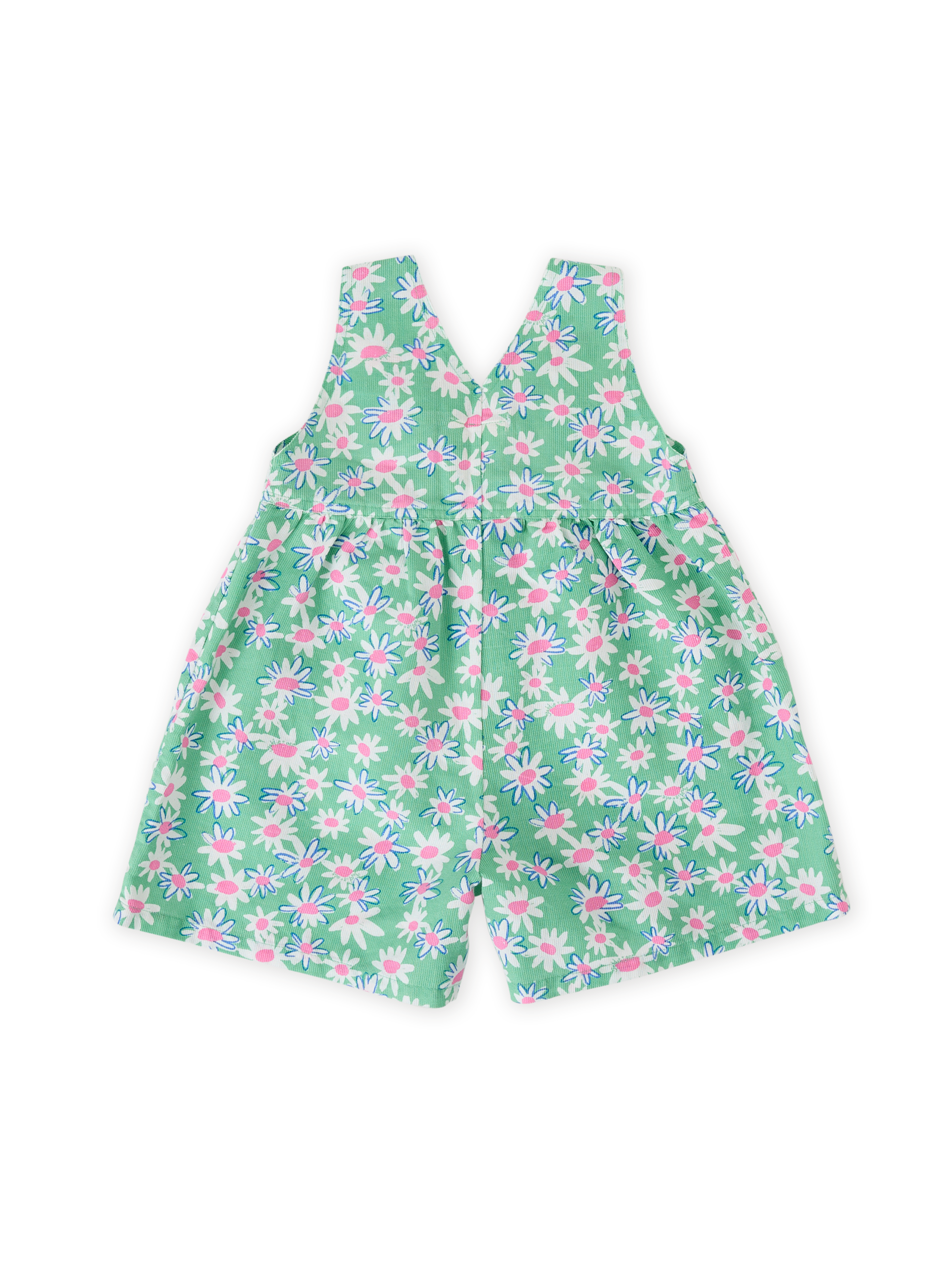 The Goldie + Ace Daisy Patch Sara Shortalls in Moss pictured on a transparent background. The material is breathable cotton-linen blend. It is a overall made for babies, toddlers and kids.