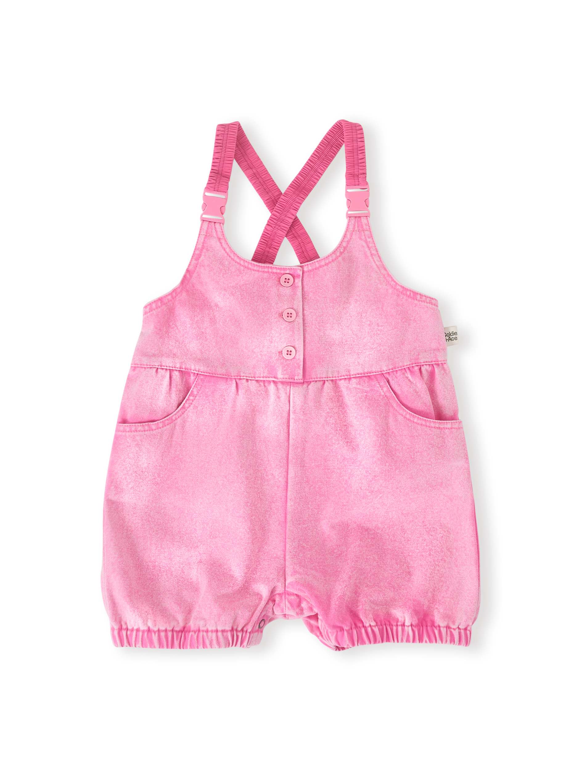 The Goldie + Ace Cindy Denim Bubble Overalls in Pink Lemonade pictured on a transparent background. The material is cotton. It is a overall made for babies, toddlers and kids.
