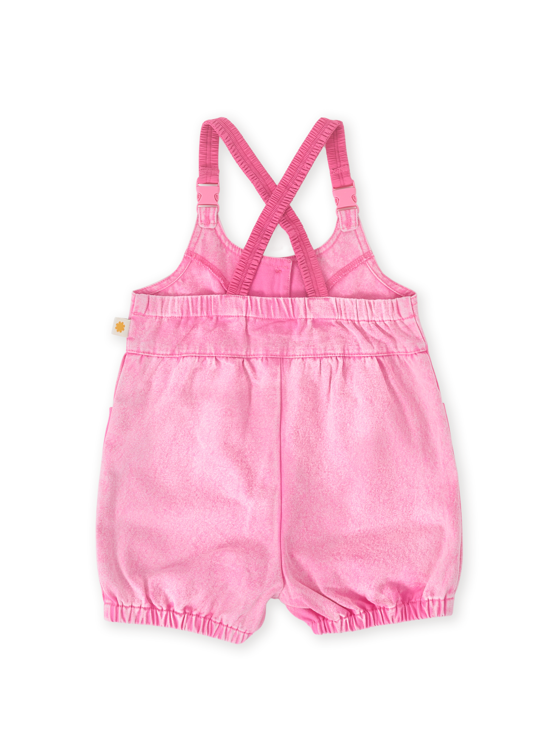 The Goldie + Ace Cindy Denim Bubble Overalls in Pink Lemonade pictured on a transparent background. The material is cotton. It is a overall made for babies, toddlers and kids.