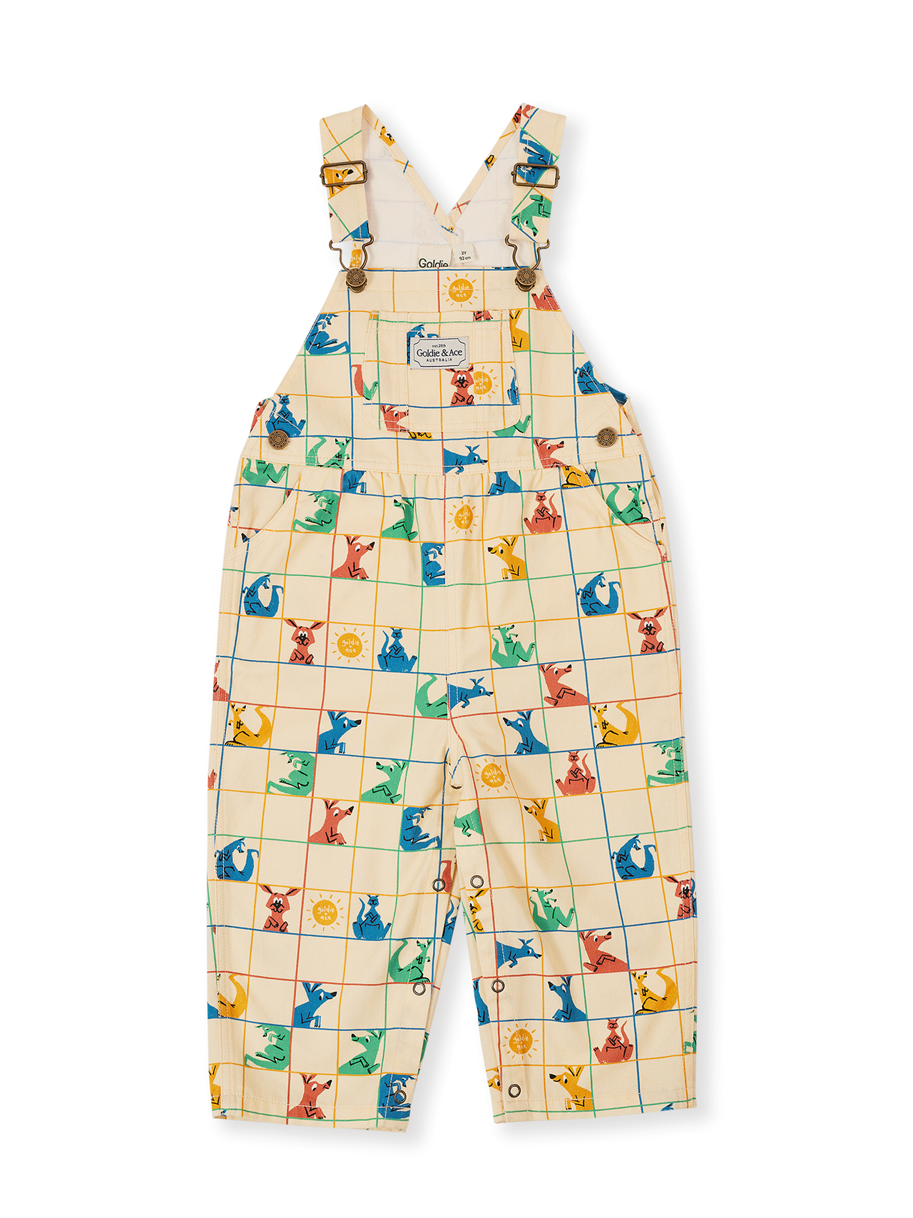 The Goldie + Ace Hopscotch Austin Denim Overalls in Vanilla/Primary pictured on a transparent background. The material is 100% cotton. It is a overall made for babies, toddlers and kids.
