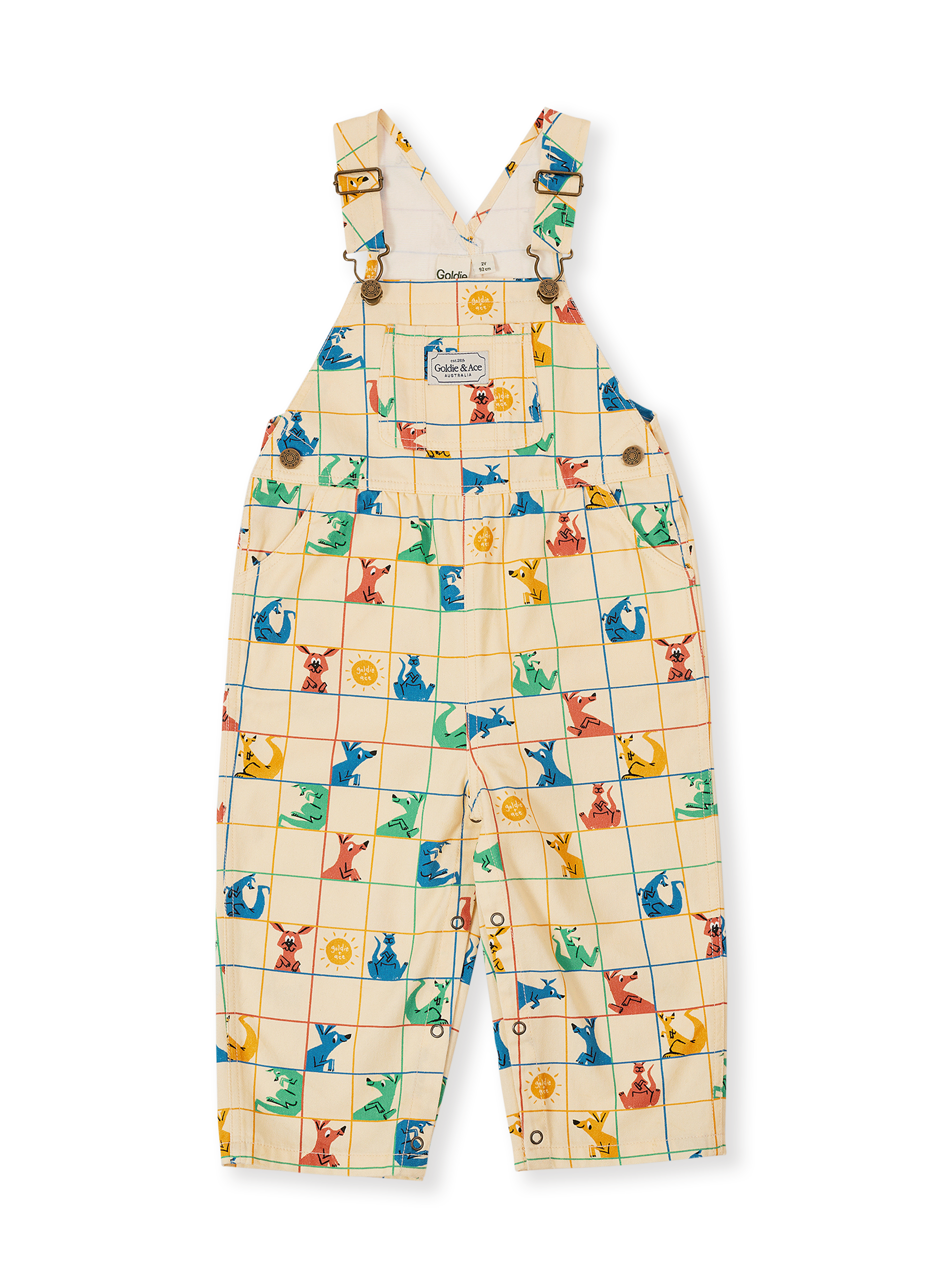 The Goldie + Ace Hopscotch Austin Denim Overalls in Vanilla/Primary pictured on a transparent background. The material is 100% cotton. It is a overall made for babies, toddlers and kids.