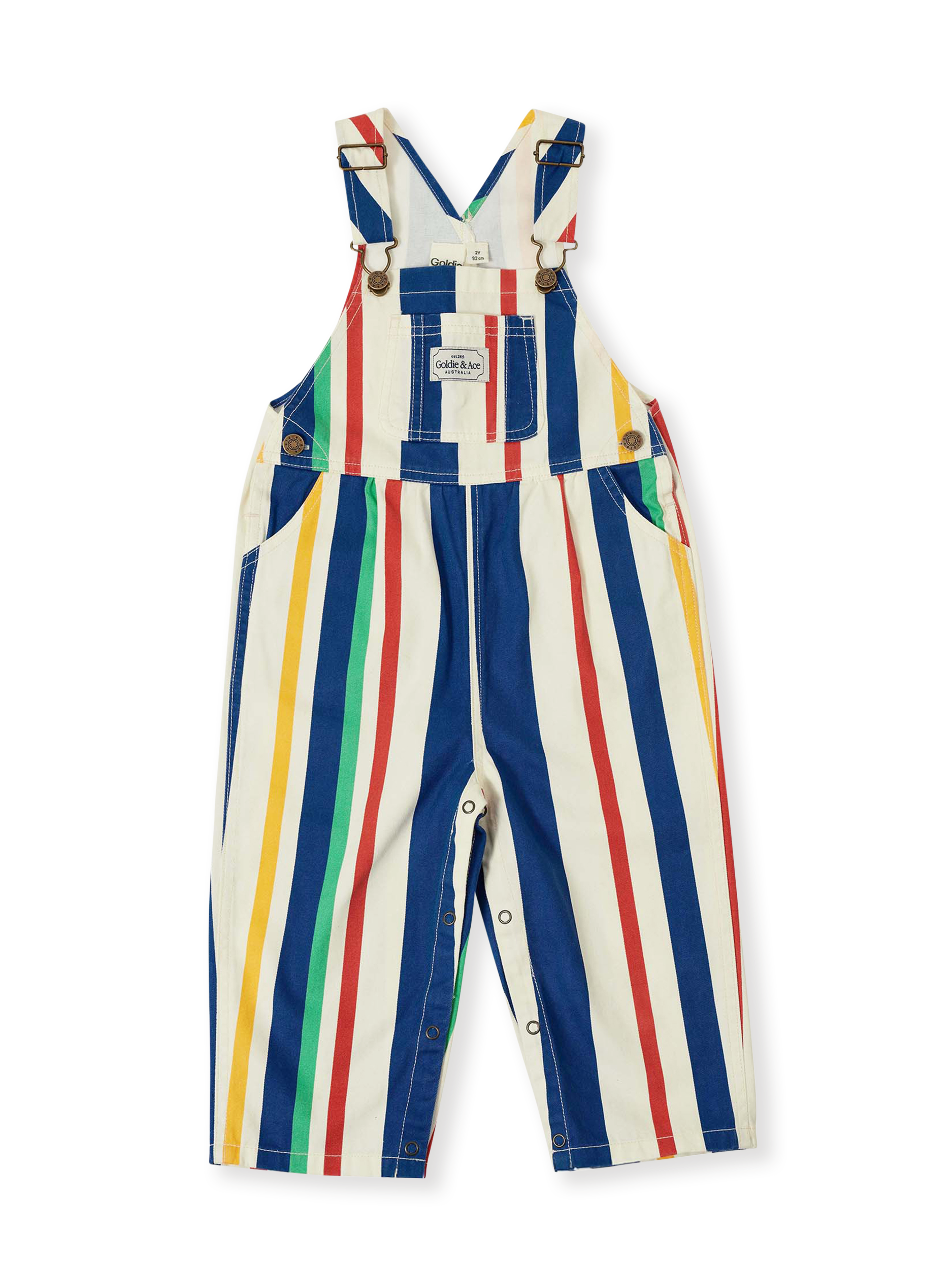 The Goldie + Ace 90's Bold Stripe Austin Denim Overalls in Primary pictured on a transparent background. The material is 100% cotton. It is a overall made for babies, toddlers and kids.