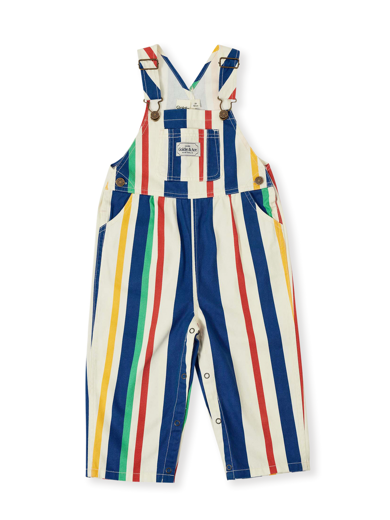 The Goldie + Ace 90's Bold Stripe Austin Denim Overalls in Primary pictured on a transparent background. The material is 100% cotton. It is a overall made for babies, toddlers and kids.