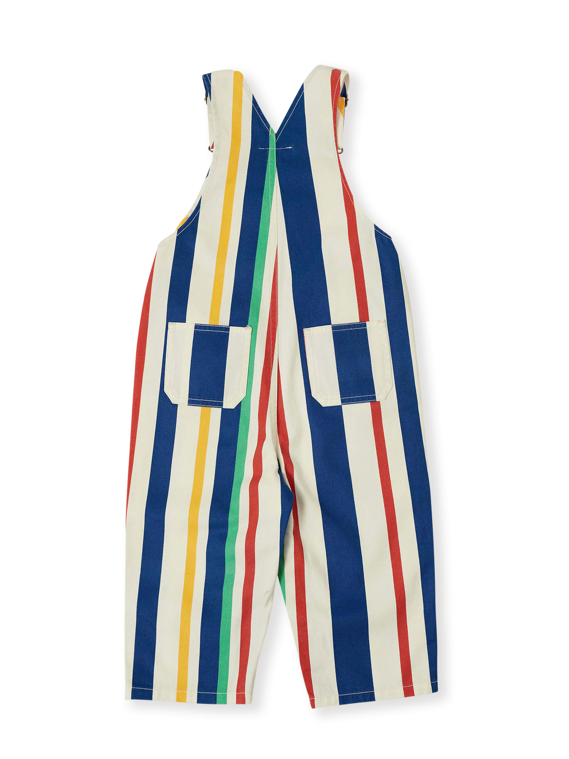The Goldie + Ace 90's Bold Stripe Austin Denim Overalls in Primary pictured on a transparent background. The material is 100% cotton. It is a overall made for babies, toddlers and kids.