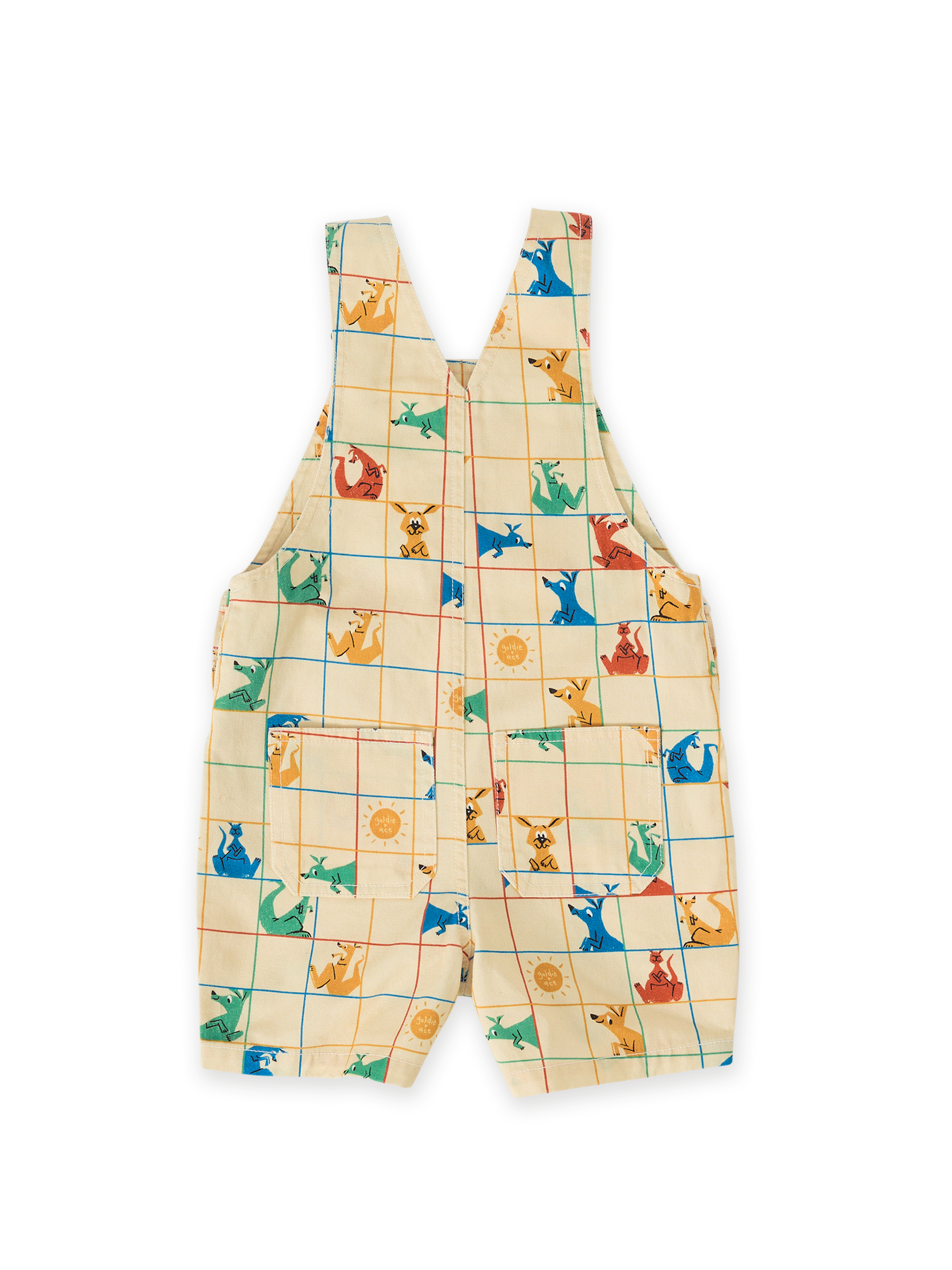The Goldie + Ace Hopscotch Burton Denim Overalls in Vanilla/Primary pictured on a transparent background. The material is 100% cotton. It is a overall made for babies, toddlers and kids.