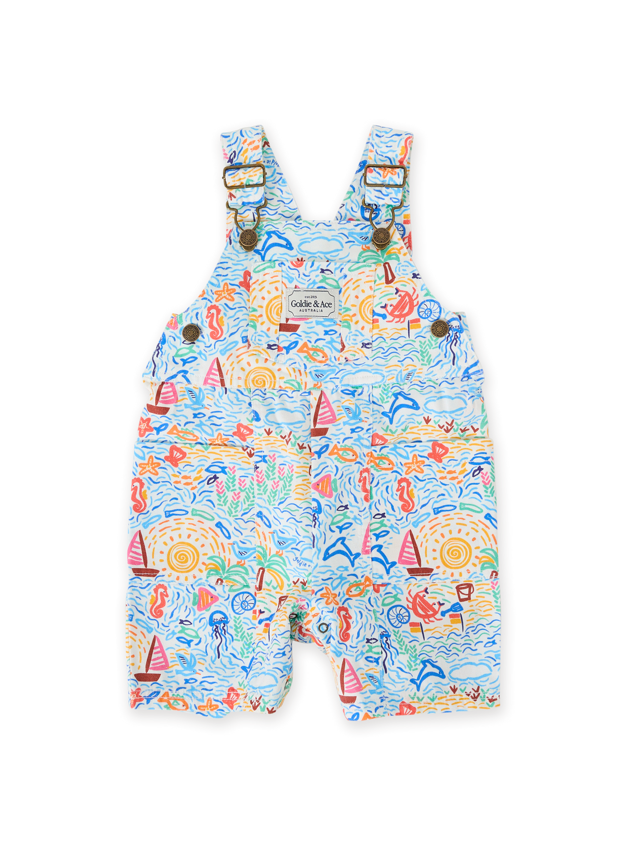 The Goldie + Ace Summer Bay James Pocket Overalls in Multi pictured on a transparent background. The material is twill. It is a overall made for babies, toddlers and kids.