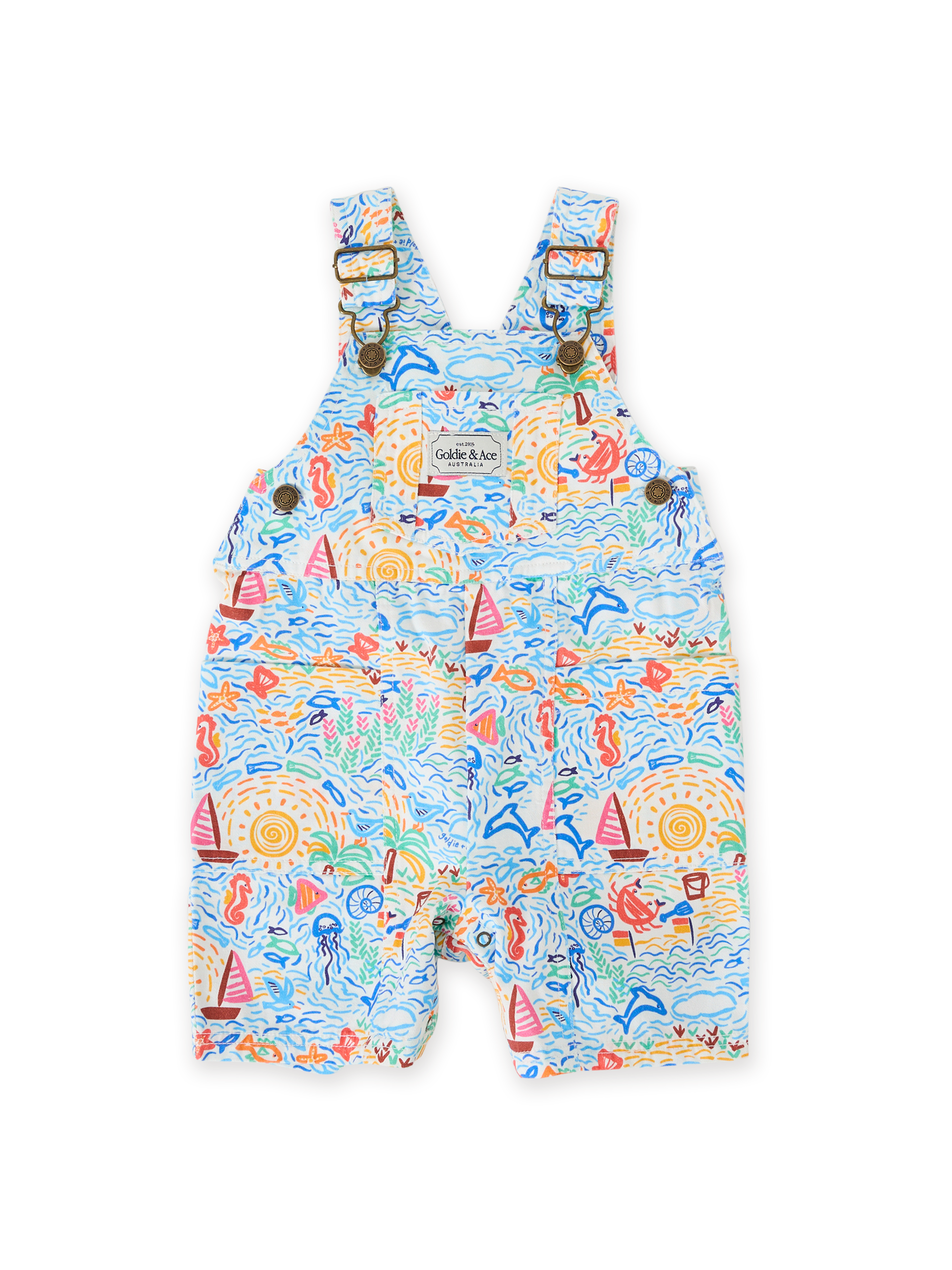 The Goldie + Ace Summer Bay James Pocket Overalls in Multi pictured on a transparent background. The material is twill. It is a overall made for babies, toddlers and kids.