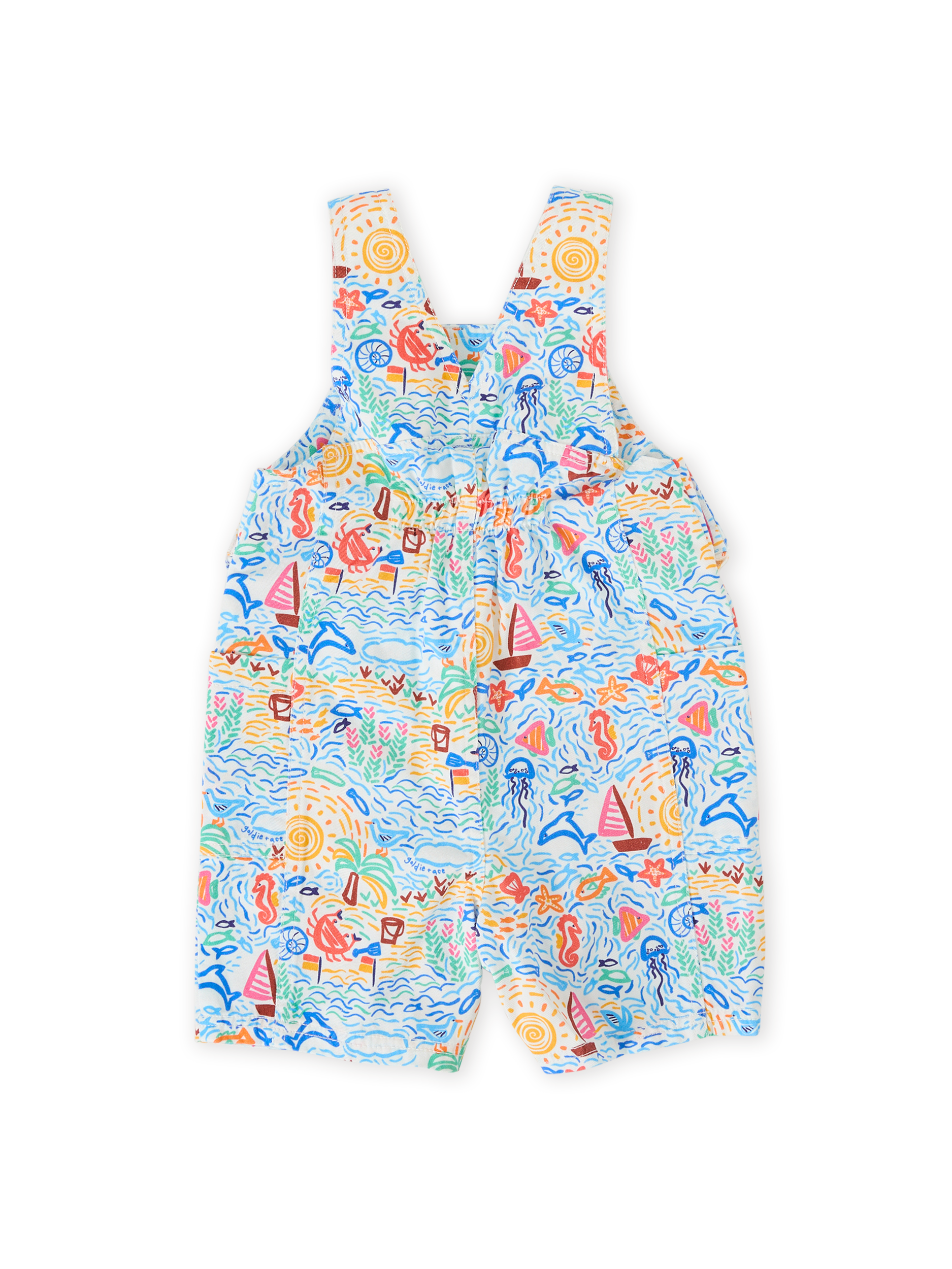 The Goldie + Ace Summer Bay James Pocket Overalls in Multi pictured on a transparent background. The material is twill. It is a overall made for babies, toddlers and kids.