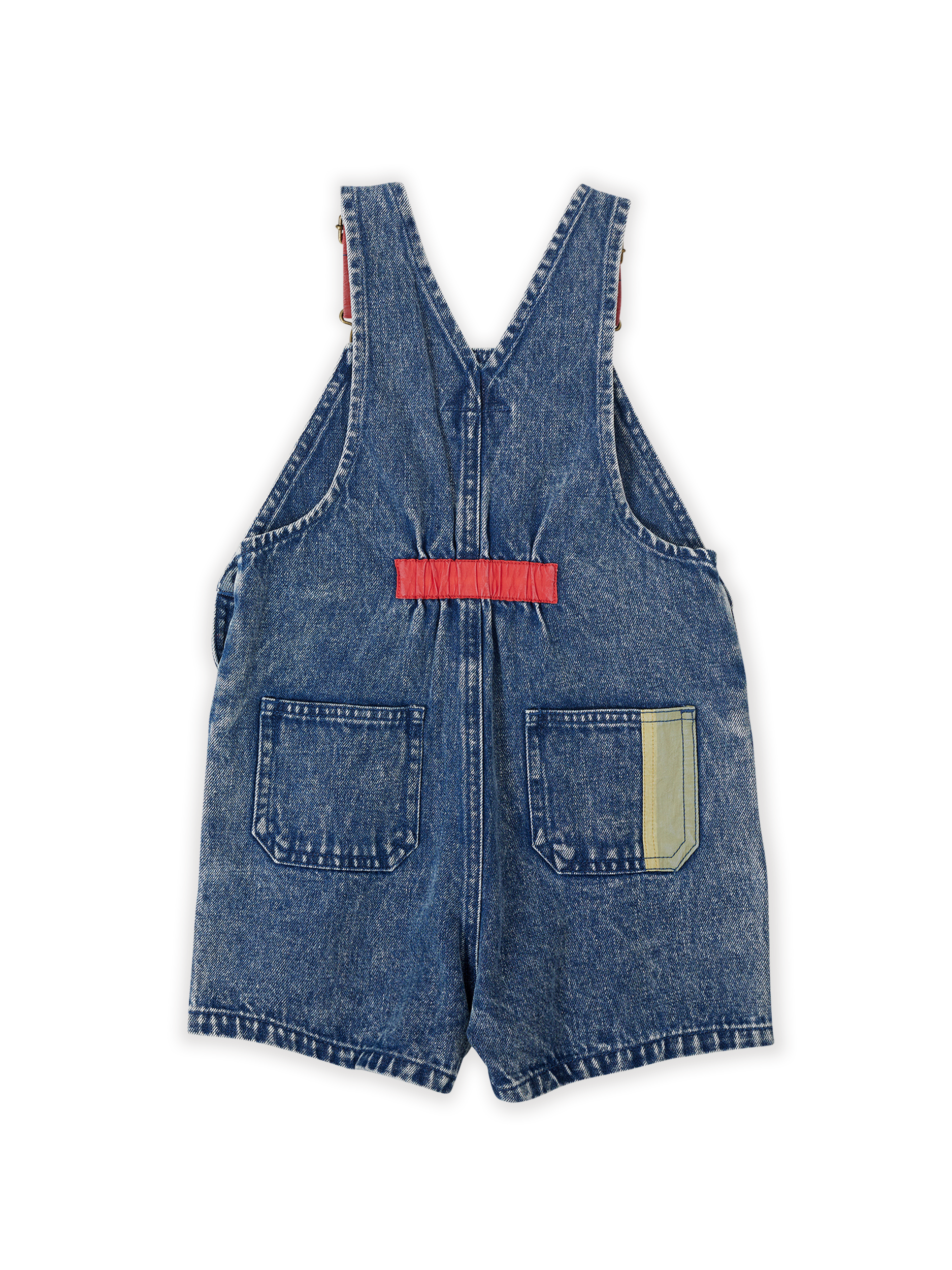 The Goldie + Ace Primary Pop Burton Denim Overalls in Dark Denim pictured on a transparent background. The material is 100% cotton. It is a overall made for babies, toddlers and kids.