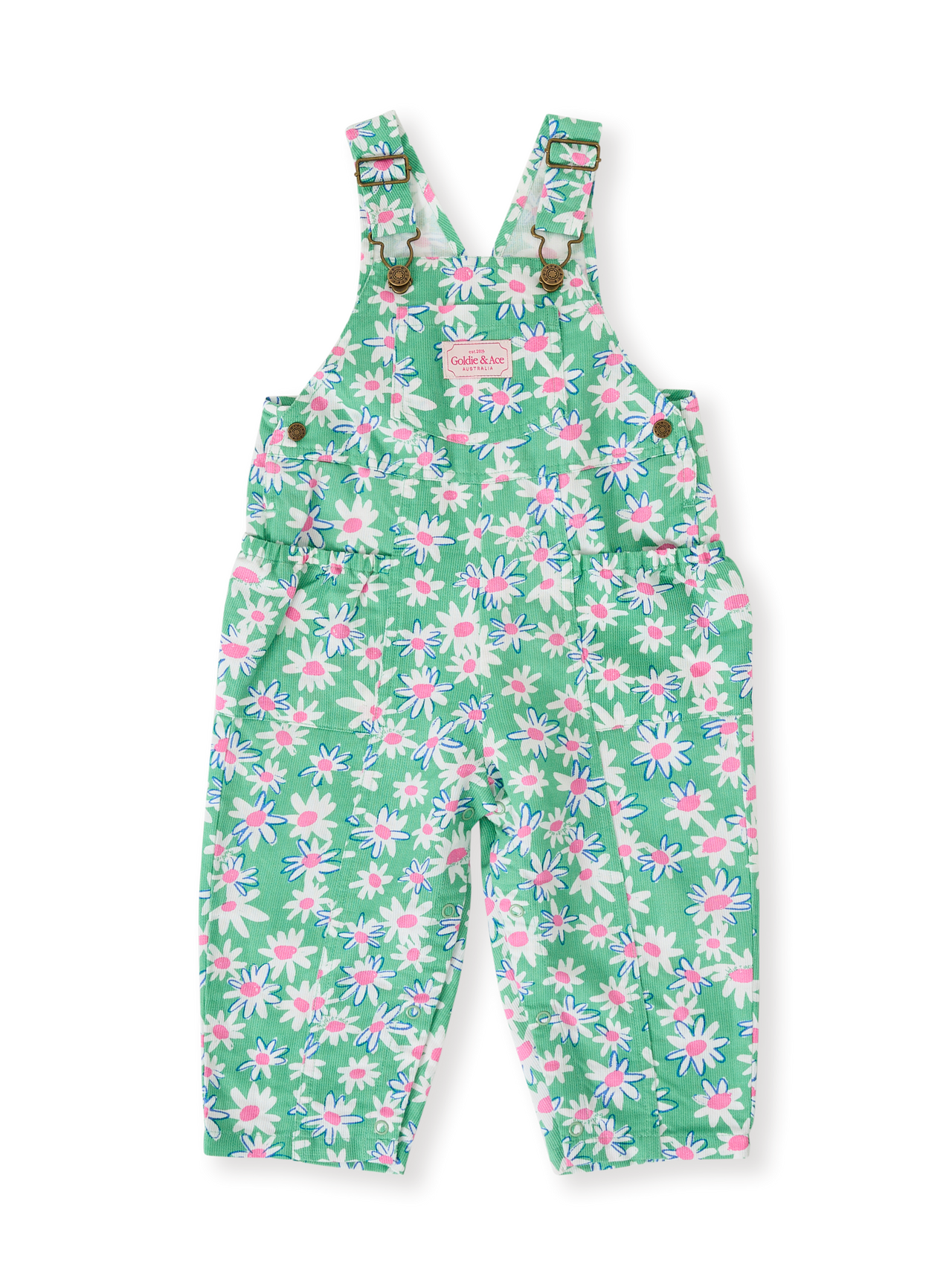 The Goldie + Ace Daisy Patch Austin Pocket Overalls in Moss pictured on a transparent background. The material is breathable cotton-linen blend. It is a overall made for babies, toddlers and kids.