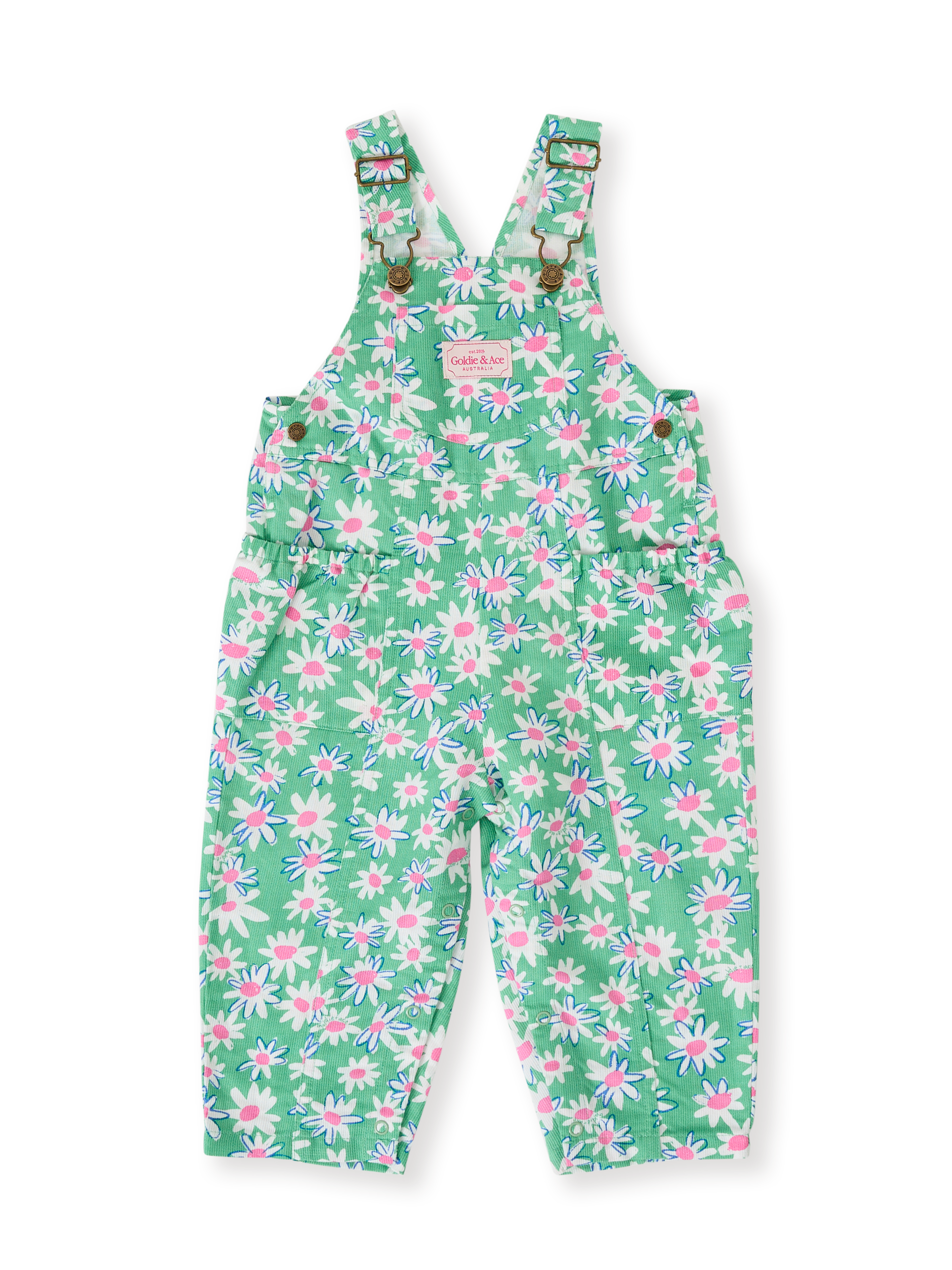 The Goldie + Ace Daisy Patch Austin Pocket Overalls in Moss pictured on a transparent background. The material is breathable cotton-linen blend. It is a overall made for babies, toddlers and kids.