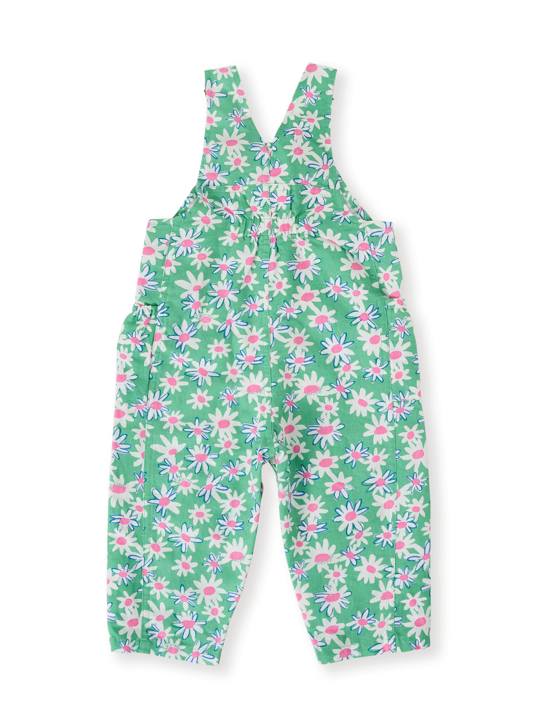 The Goldie + Ace Daisy Patch Austin Pocket Overalls in Moss pictured on a transparent background. The material is breathable cotton-linen blend. It is a overall made for babies, toddlers and kids.