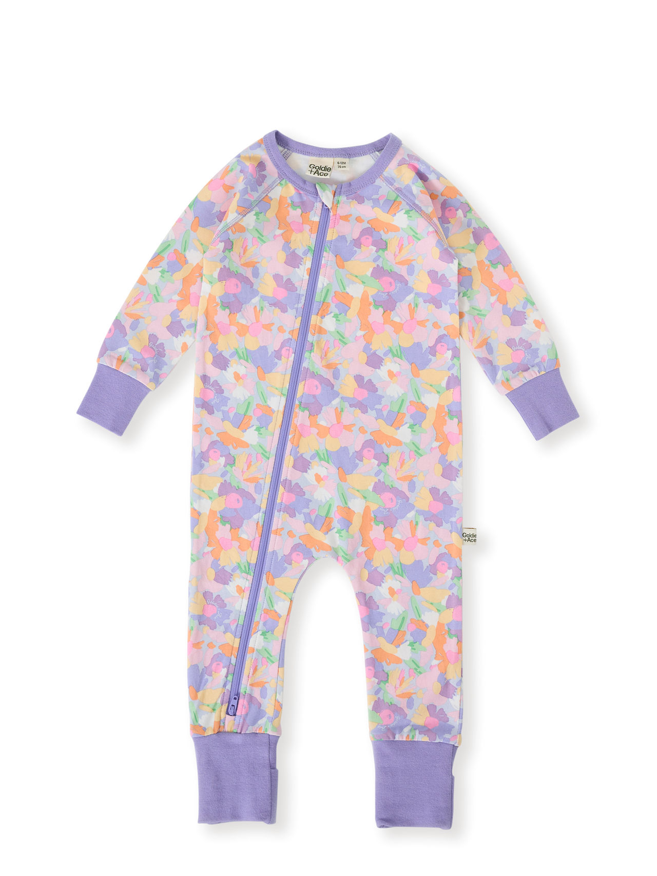 The Goldie + Ace Pastel Bouquet Zipsuit in Lilac Multi pictured on a transparent background. The material is soft cotton elastane. It is a zipsuit made for babies, toddlers and kids.