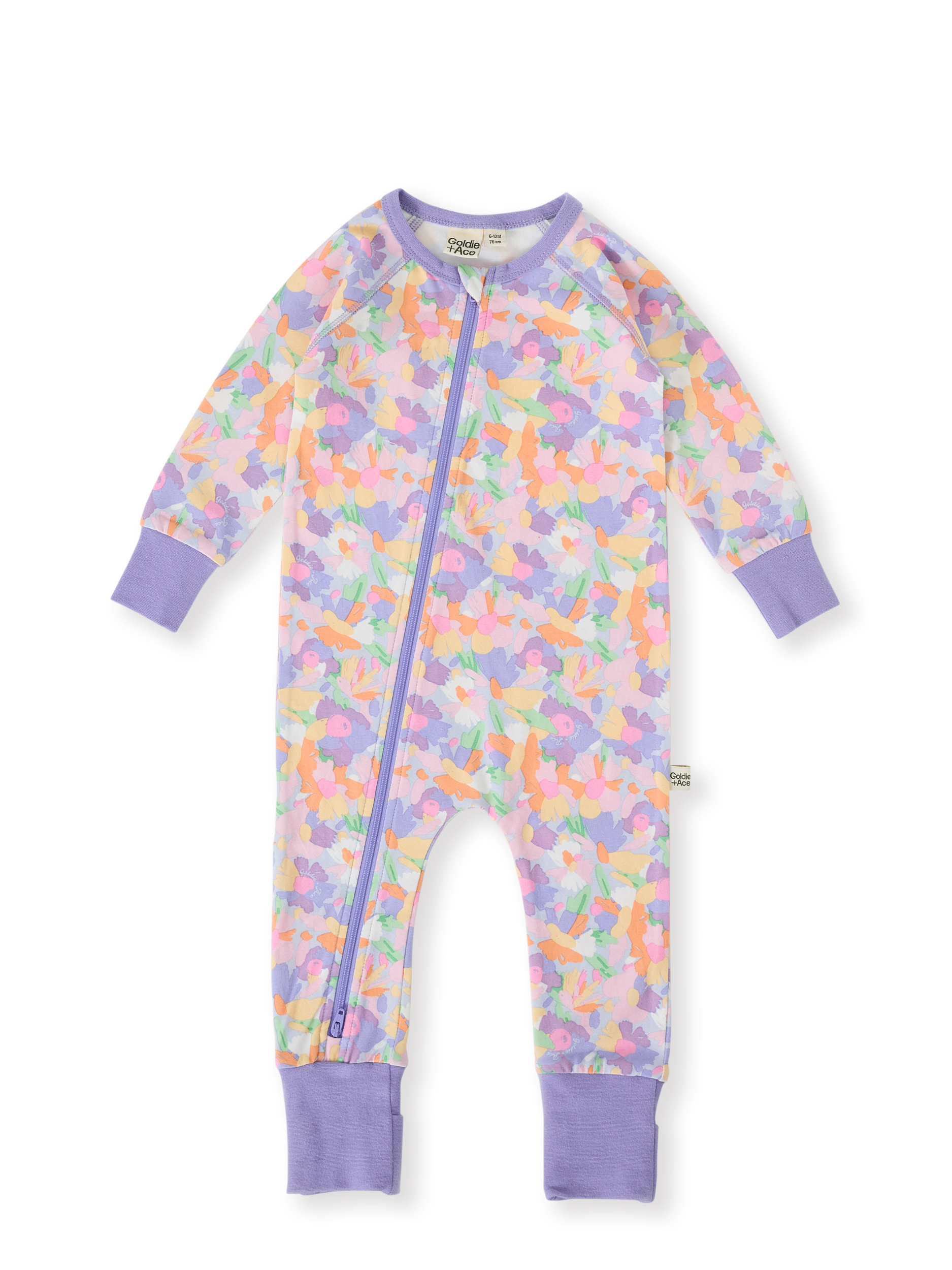 The Goldie + Ace Pastel Bouquet Zipsuit in Lilac Multi pictured on a transparent background. The material is soft cotton elastane. It is a zipsuit made for babies, toddlers and kids.