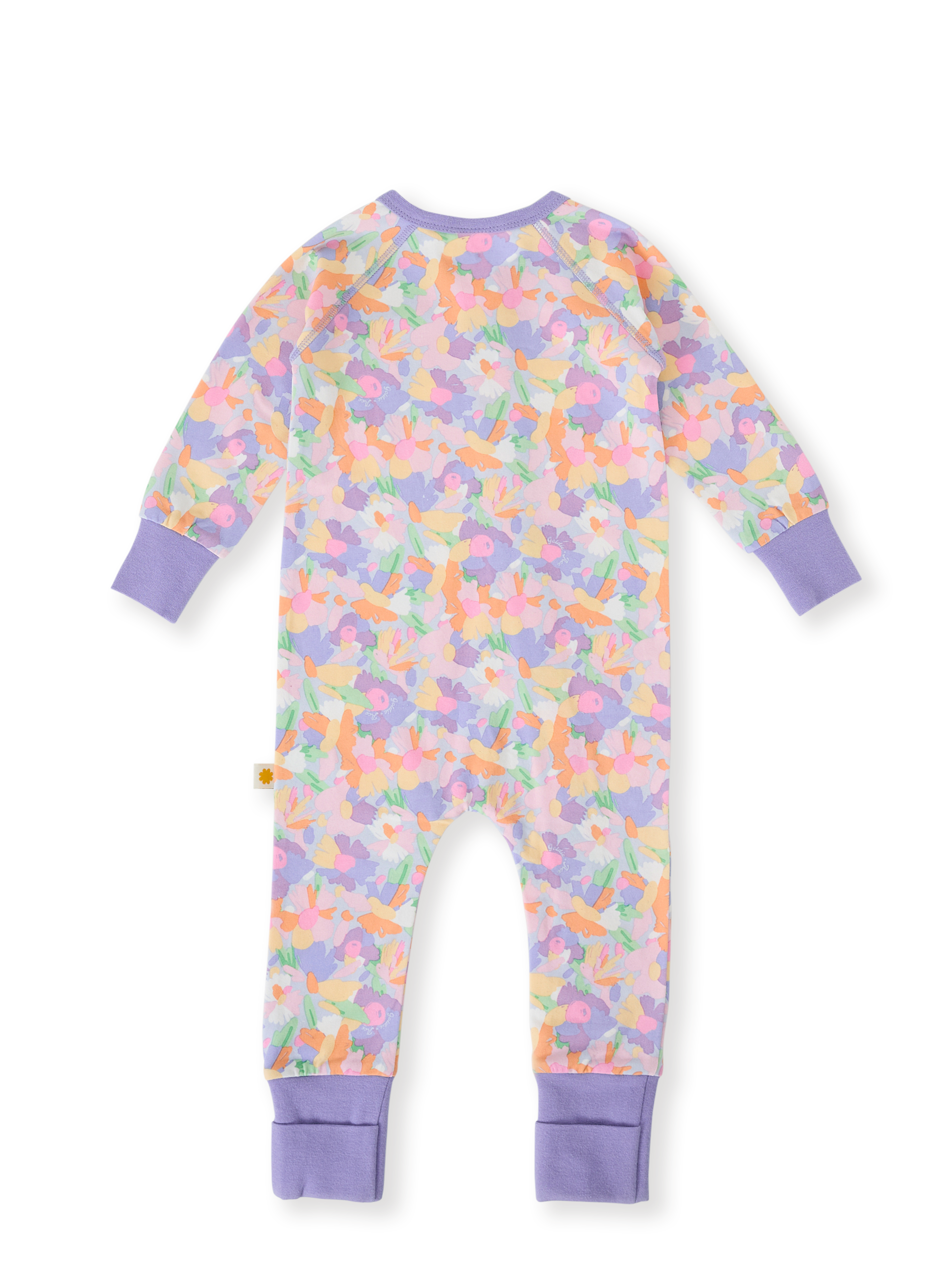 The Goldie + Ace Pastel Bouquet Zipsuit in Lilac Multi pictured on a transparent background. The material is soft cotton elastane. It is a zipsuit made for babies, toddlers and kids.
