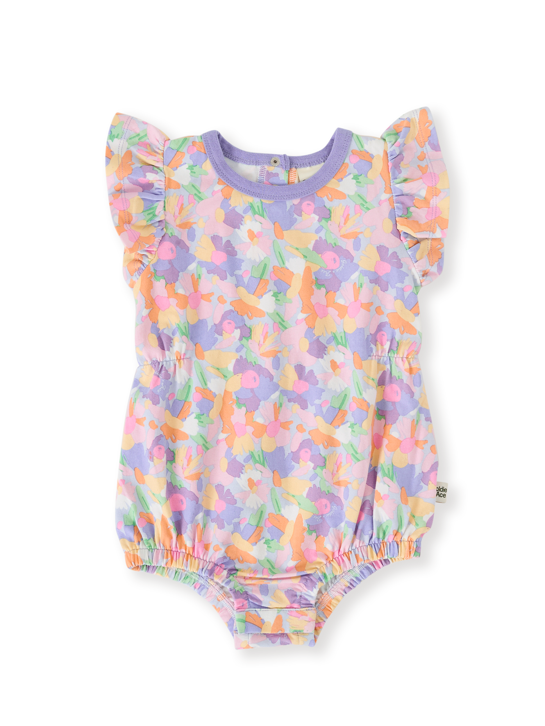 The Goldie + Ace Pastel Bouquet Frill Bubble Romper in Lilac Multi pictured on a transparent background. The material is soft cotton elastane. It is a romper made for babies, toddlers and kids.