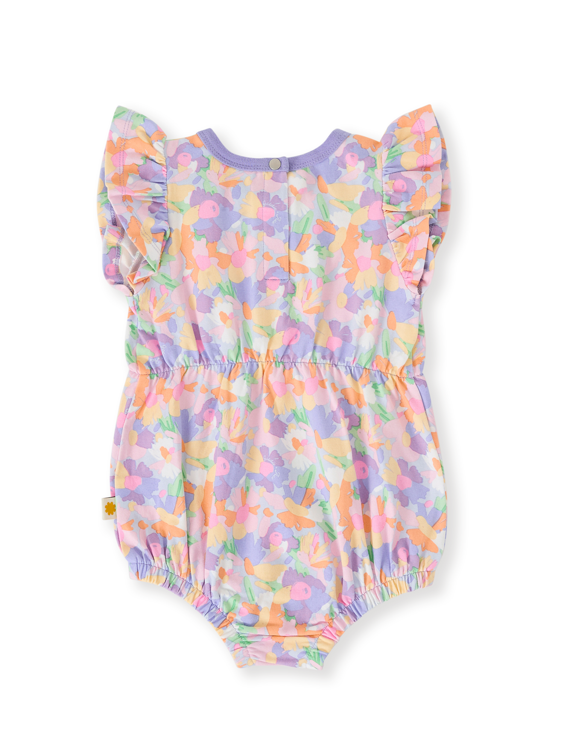 The Goldie + Ace Pastel Bouquet Frill Bubble Romper in Lilac Multi pictured on a transparent background. The material is soft cotton elastane. It is a romper made for babies, toddlers and kids.