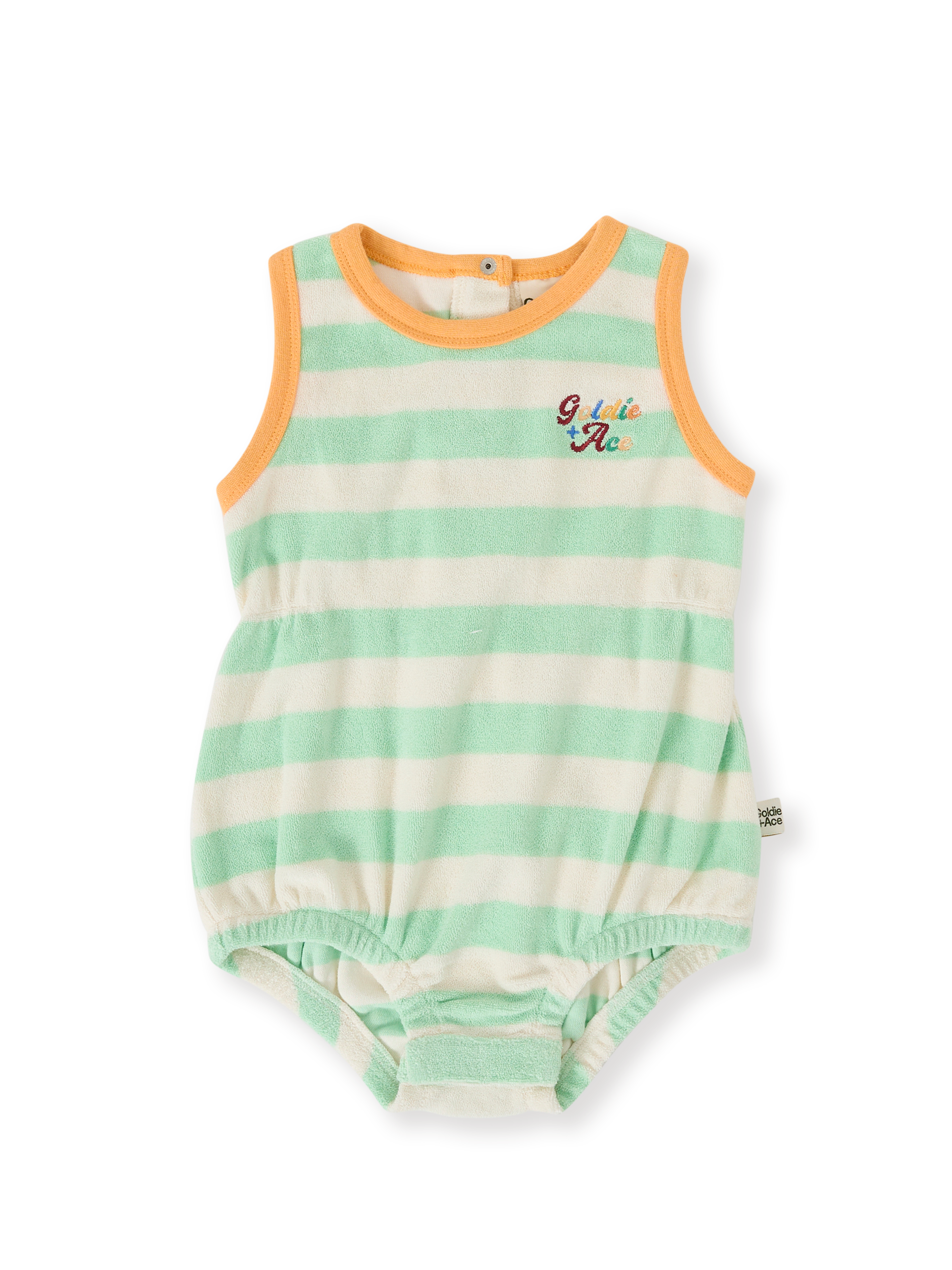 The Goldie + Ace Peas In A Pod Stripe Bubble Romper in Peapod/Cloud pictured on a transparent background. The material is 100% cotton. It is a romper made for babies, toddlers and kids.