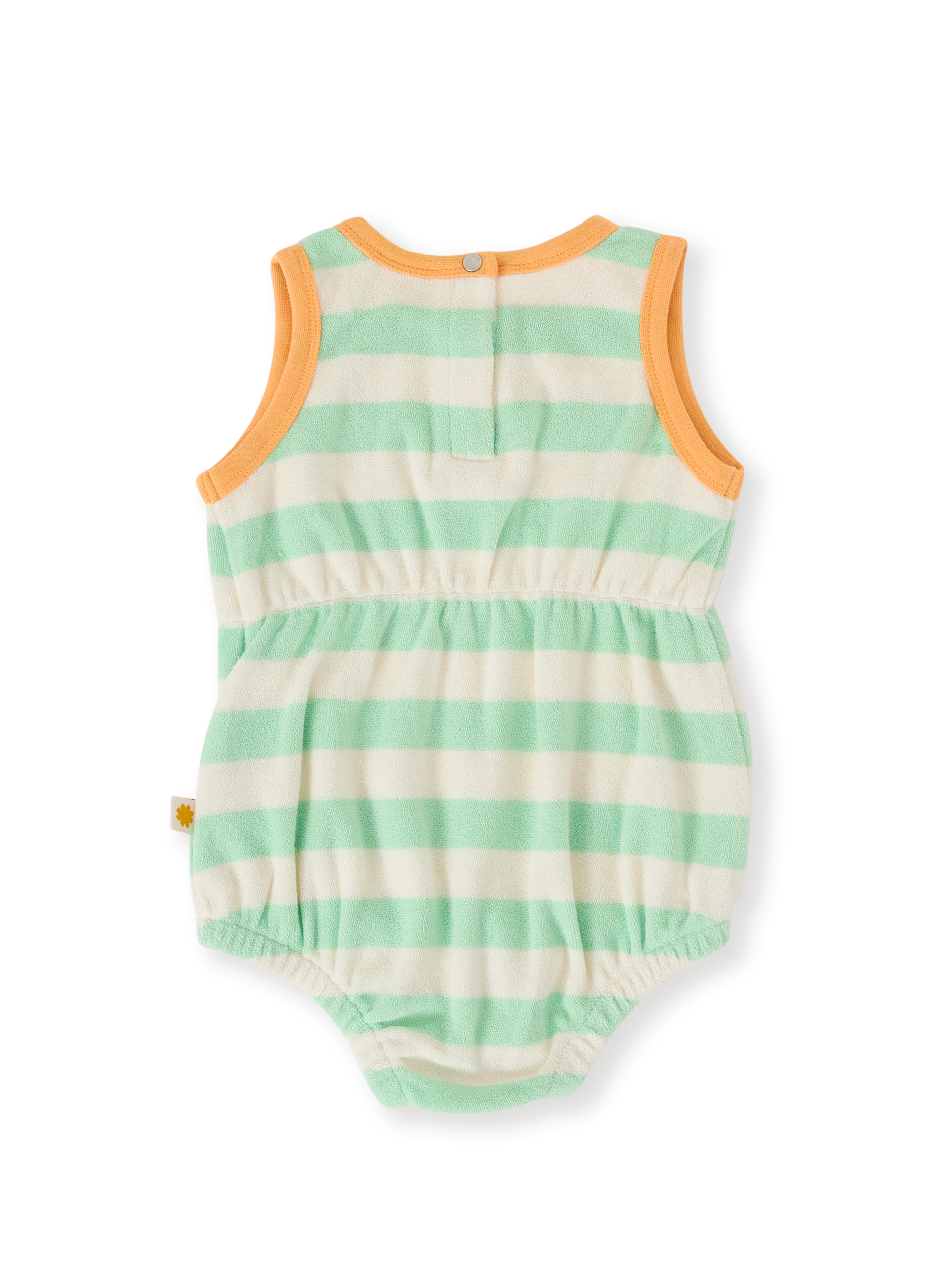 The Goldie + Ace Peas In A Pod Stripe Bubble Romper in Peapod/Cloud pictured on a transparent background. The material is 100% cotton. It is a romper made for babies, toddlers and kids.