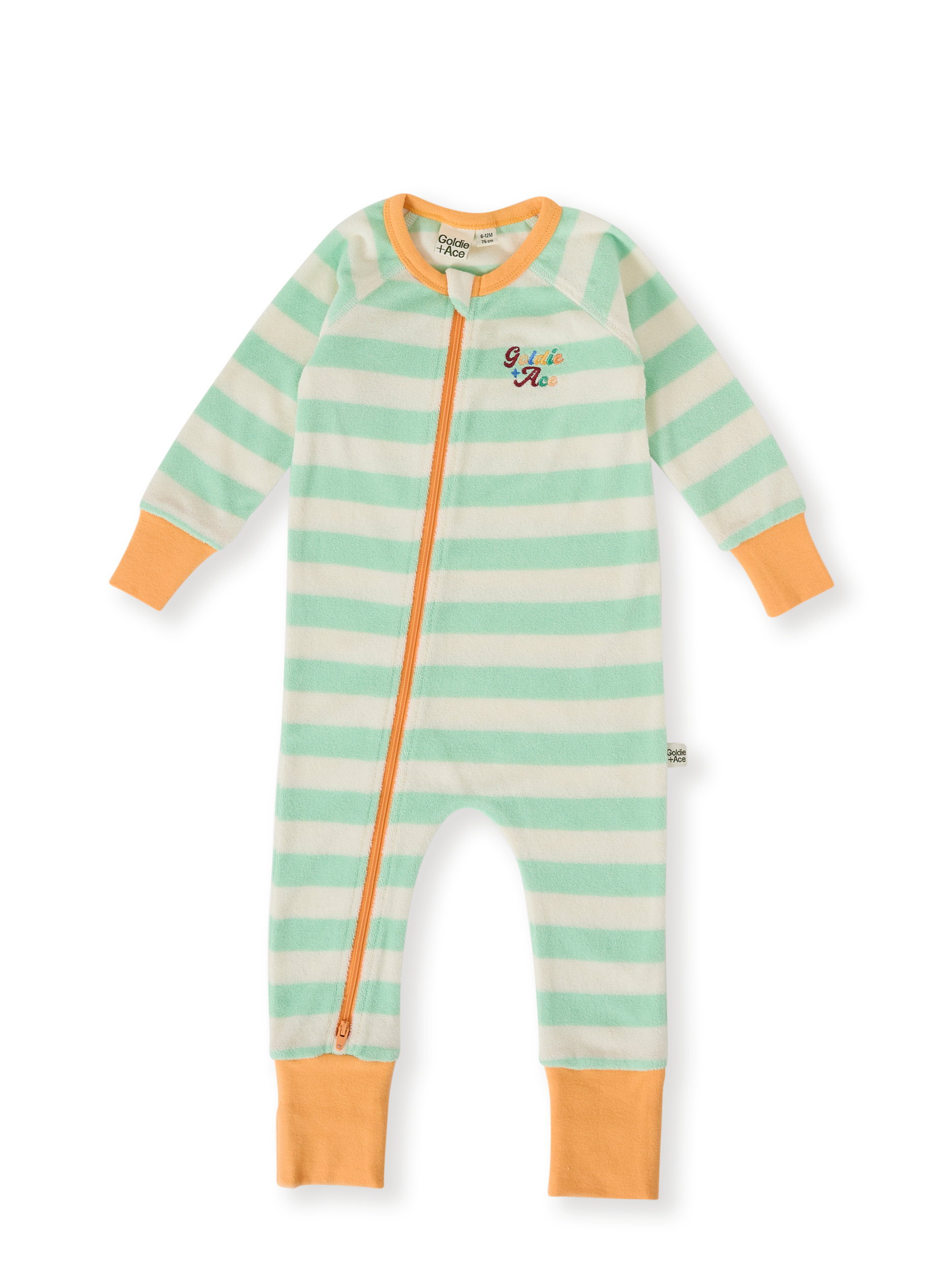 The Goldie + Ace Peas In A Pod Stripe Zipsuit in Peapod/Cloud pictured on a transparent background. The material is 100% cotton. It is a zipsuit made for babies, toddlers and kids.