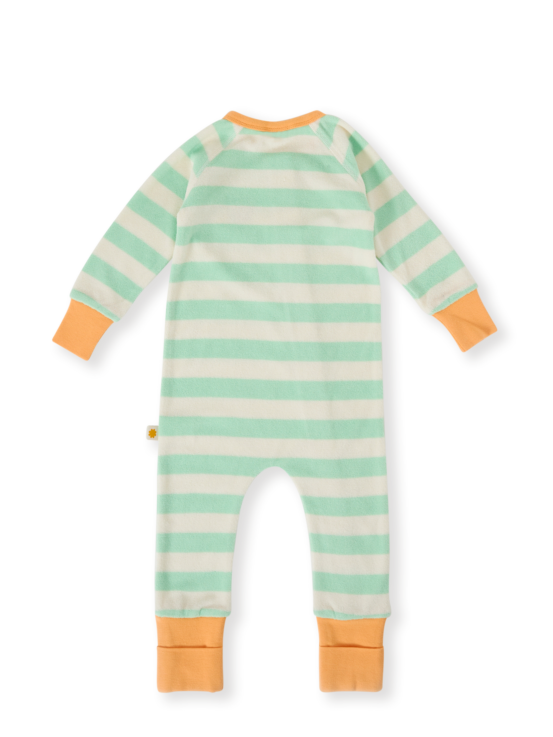 The Goldie + Ace Peas In A Pod Stripe Zipsuit in Peapod/Cloud pictured on a transparent background. The material is 100% cotton. It is a zipsuit made for babies, toddlers and kids.