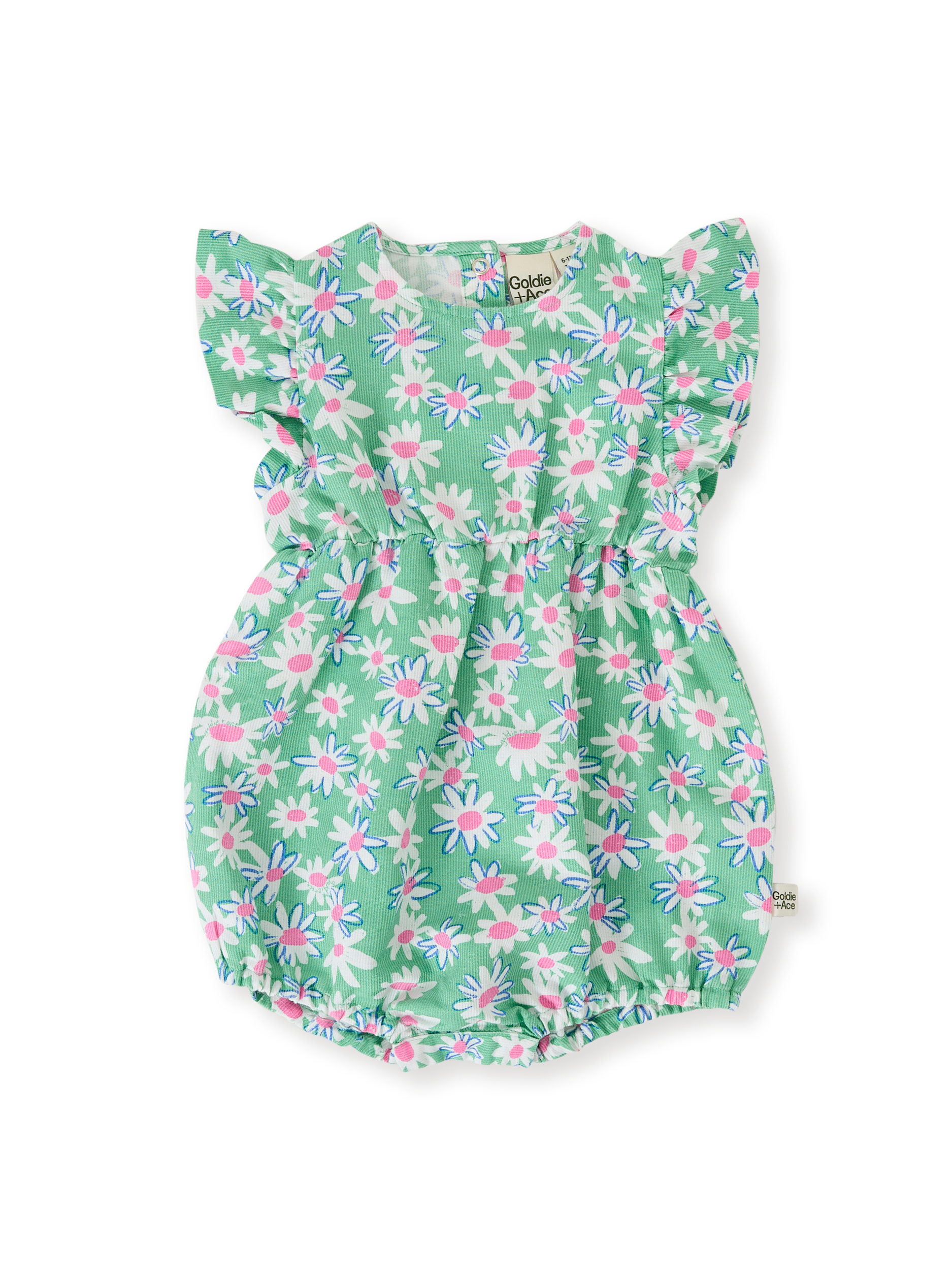 The Goldie + Ace Daisy Patch Lani Romper in Moss pictured on a transparent background. The material is breathable cotton-linen blend. It is a romper made for babies, toddlers and kids.