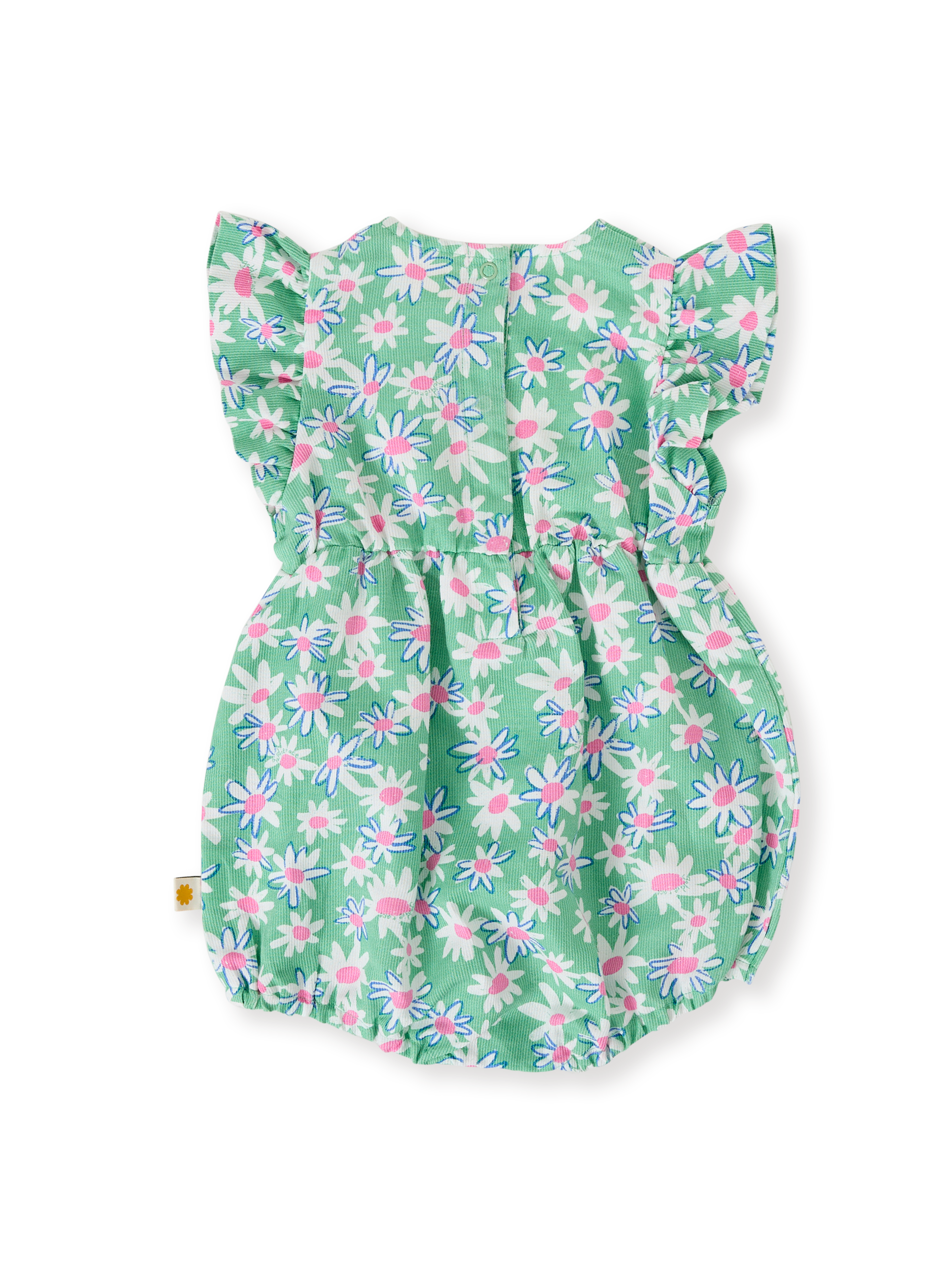 The Goldie + Ace Daisy Patch Lani Romper in Moss pictured on a transparent background. The material is breathable cotton-linen blend. It is a romper made for babies, toddlers and kids.