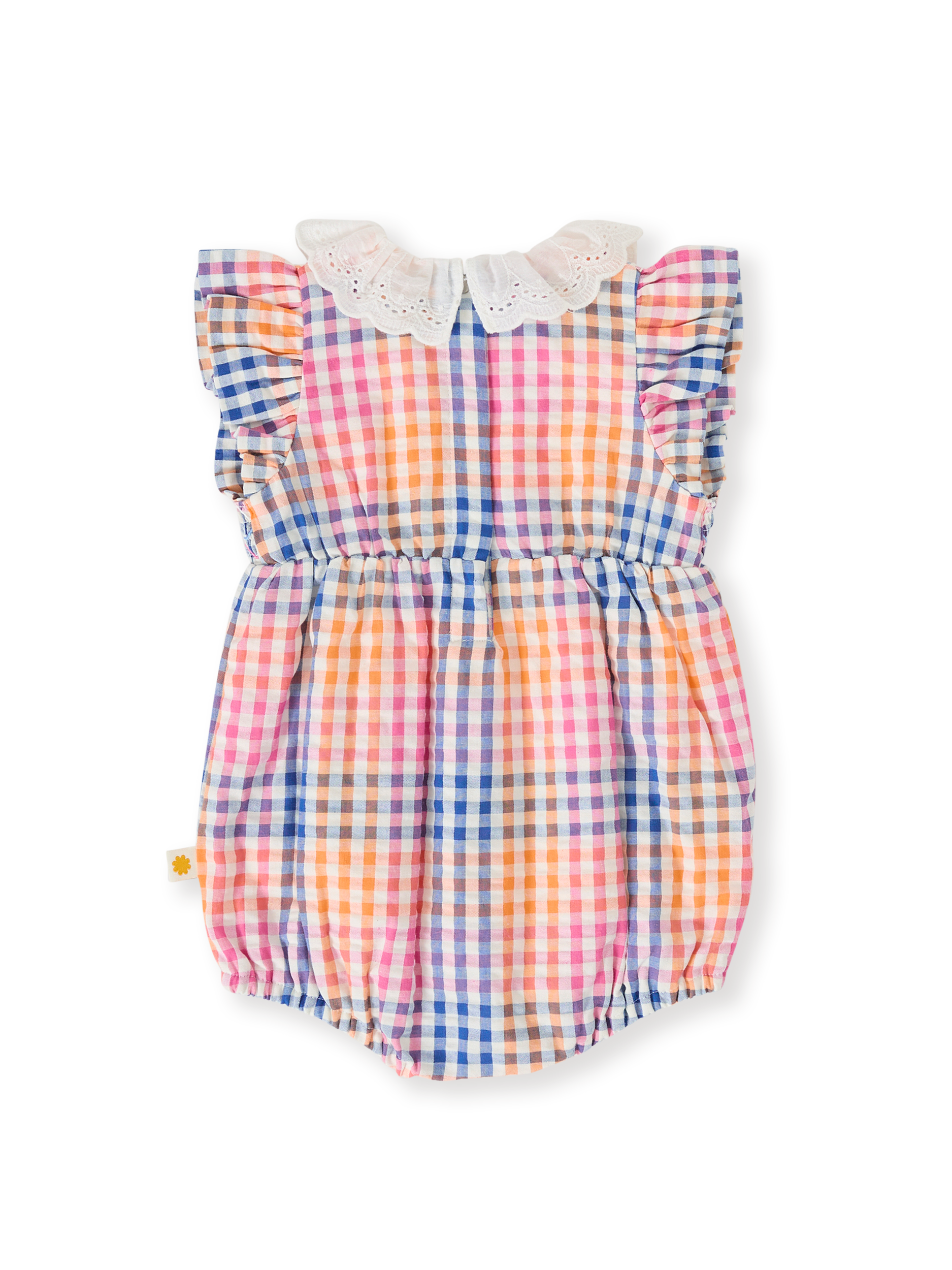 The Goldie + Ace Rainbow Gingham Lani Smocked Romper in Multi pictured on a transparent background. The material is cotton with cotton lining. It is a romper made for babies, toddlers and kids.