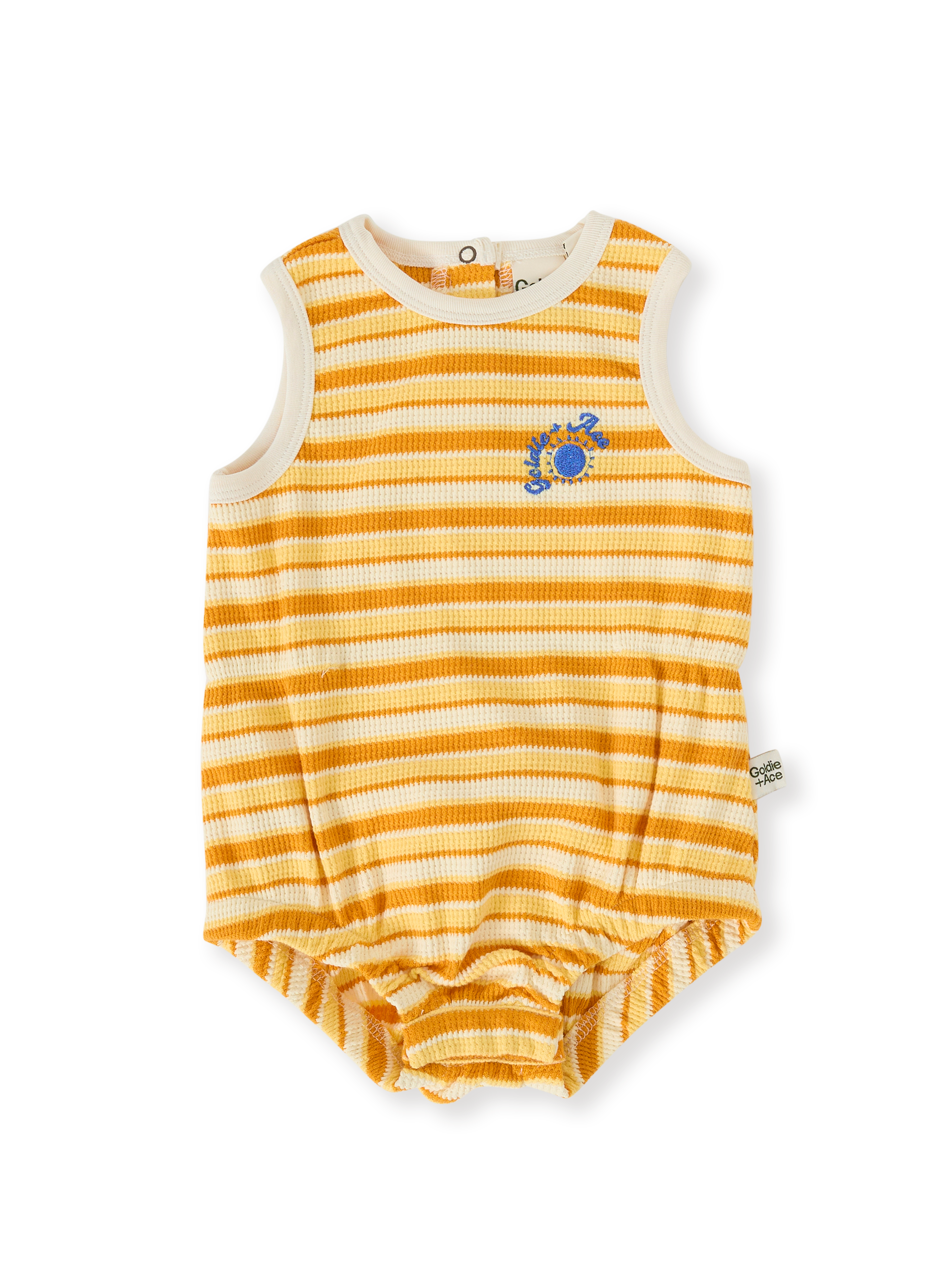The Goldie + Ace Sunshine Stripe Bubble Romper in Lemon/Golden pictured on a transparent background. The material is 100% cotton. It is a romper made for babies, toddlers and kids.