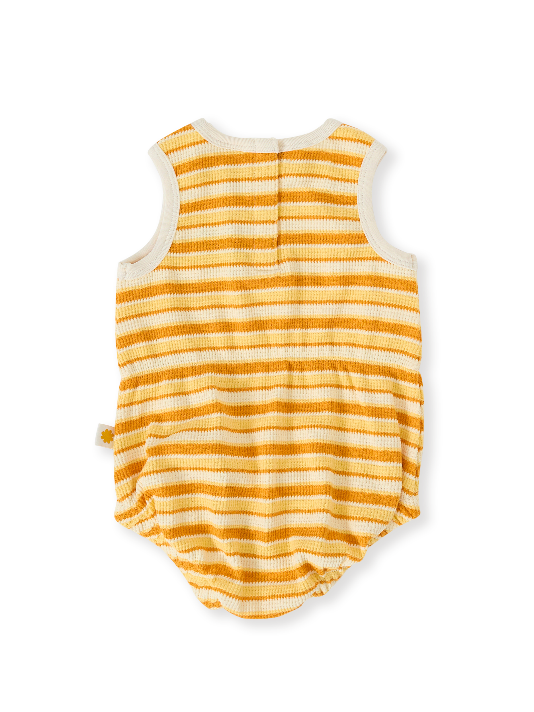 The Goldie + Ace Sunshine Stripe Bubble Romper in Lemon/Golden pictured on a transparent background. The material is 100% cotton. It is a romper made for babies, toddlers and kids.