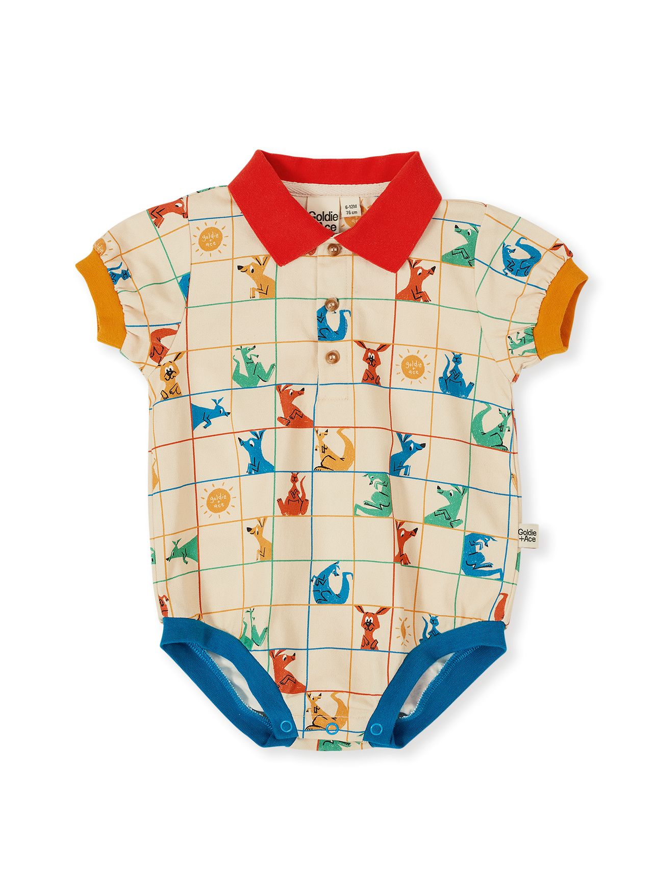 The Goldie + Ace Hopscotch Polo Romper in Vanilla/Primary pictured on a transparent background. The material is 100% cotton. It is a romper made for babies, toddlers and kids.