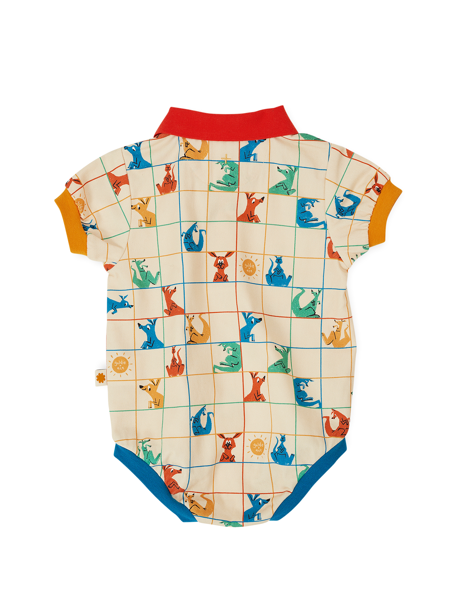 The Goldie + Ace Hopscotch Polo Romper in Vanilla/Primary pictured on a transparent background. The material is 100% cotton. It is a romper made for babies, toddlers and kids.