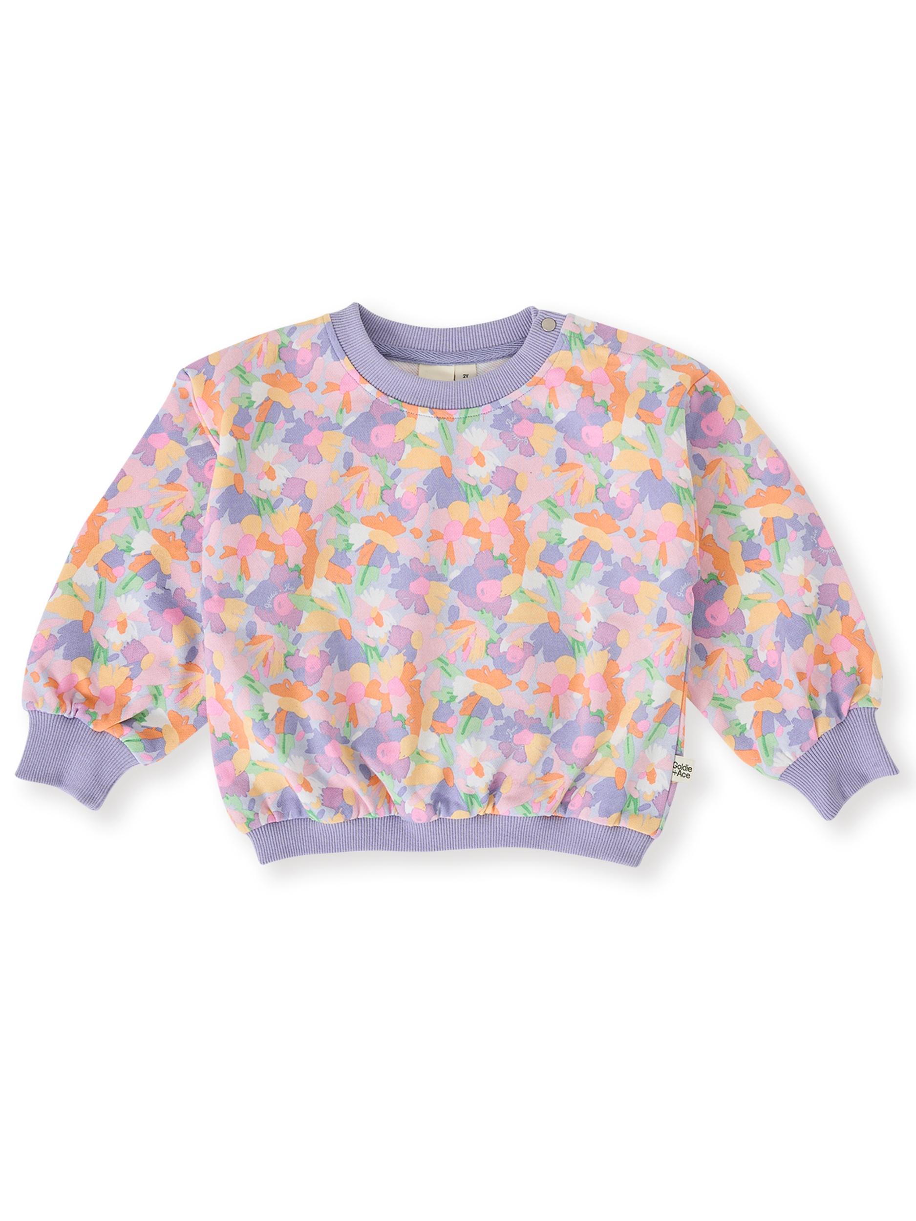 The Goldie + Ace Pastel Bouquet Terry Sweatshirt in Lilac Multi pictured on a transparent background. The material is 100% cotton. It is a top made for babies, toddlers and kids.