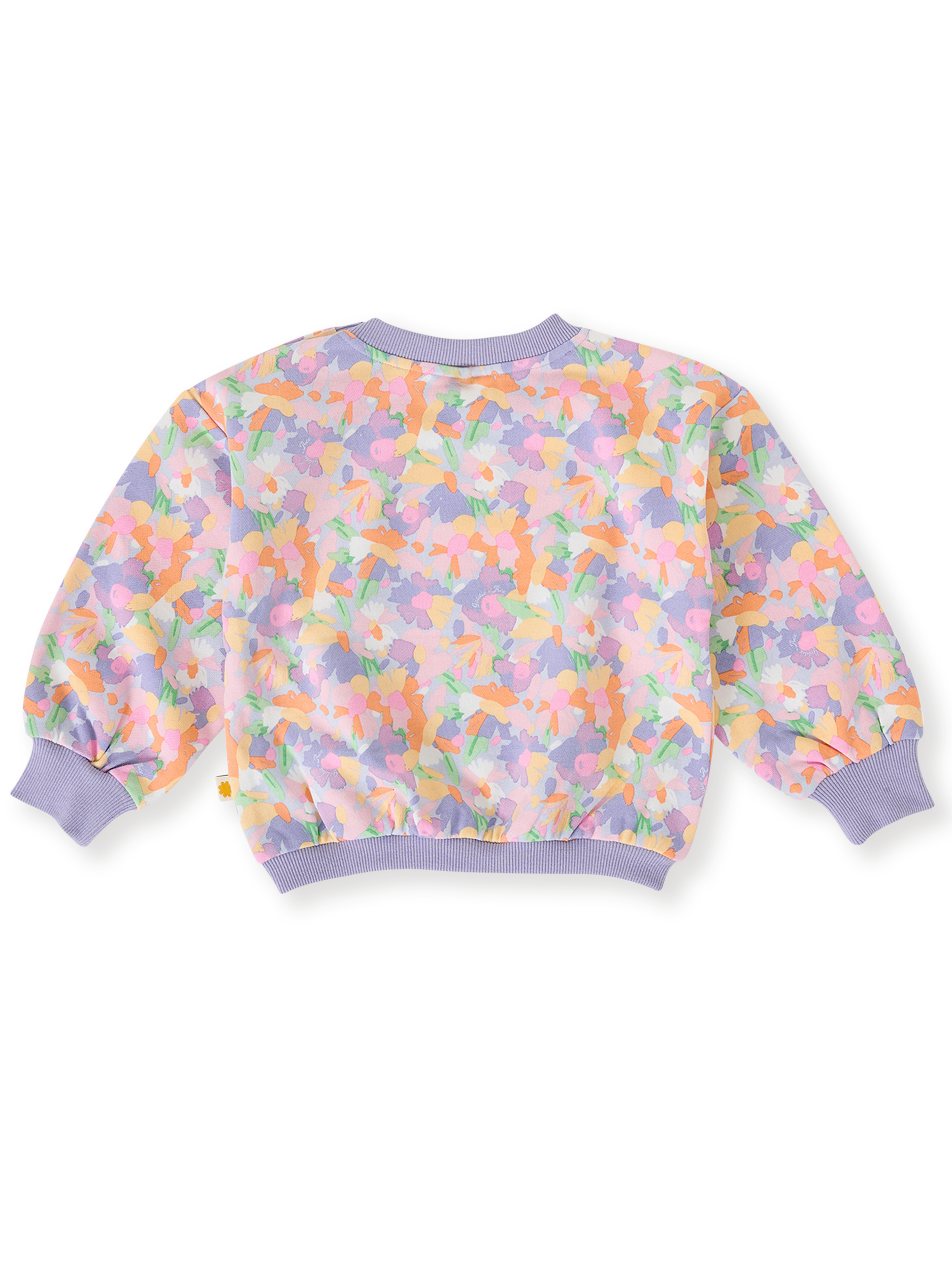 The Goldie + Ace Pastel Bouquet Terry Sweatshirt in Lilac Multi pictured on a transparent background. The material is 100% cotton. It is a top made for babies, toddlers and kids.