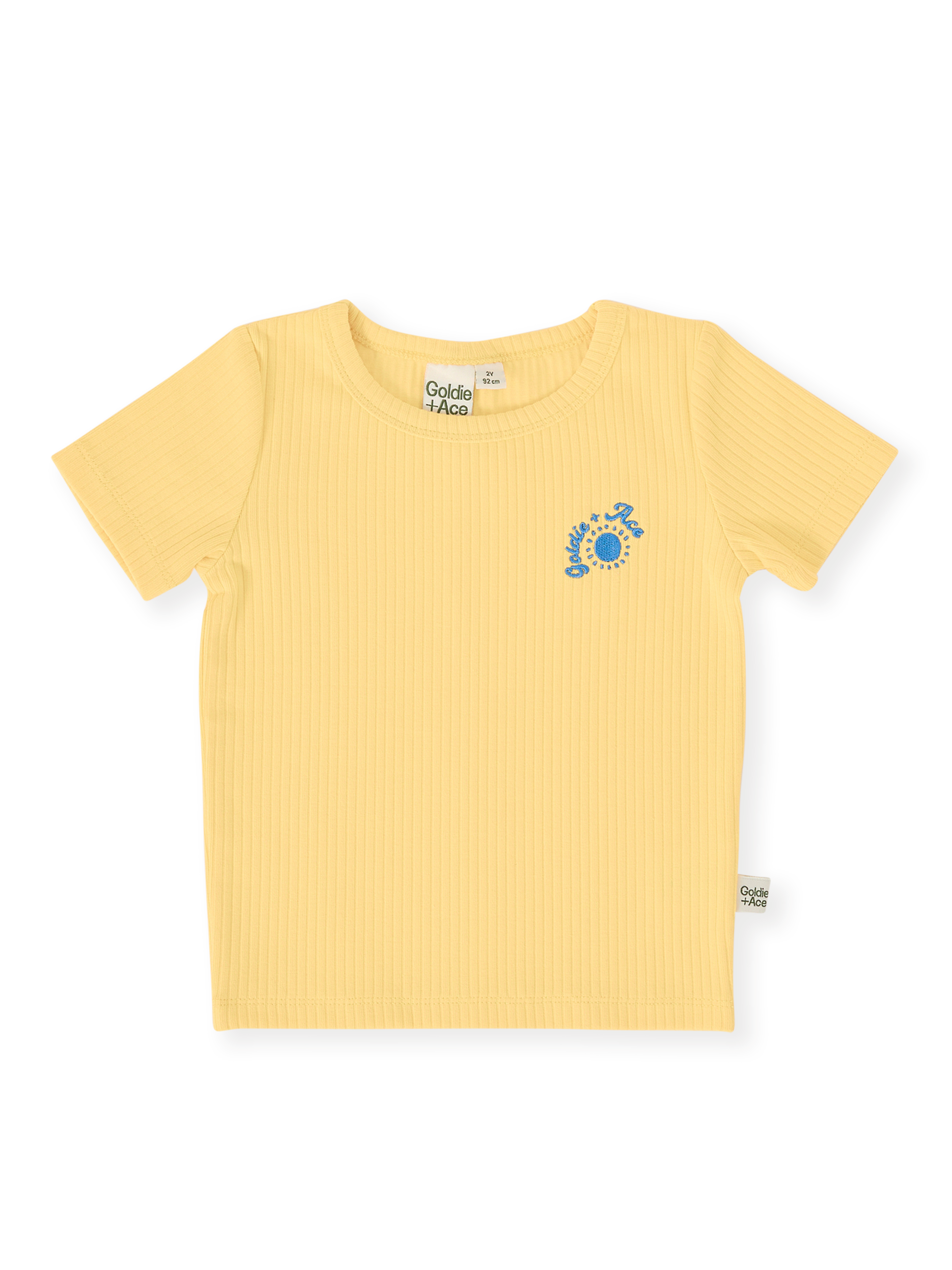 The Goldie + Ace Kai Rib T-Shirt in Lemon pictured on a transparent background. The material is soft cotton elastane. It is a top made for babies, toddlers and kids.