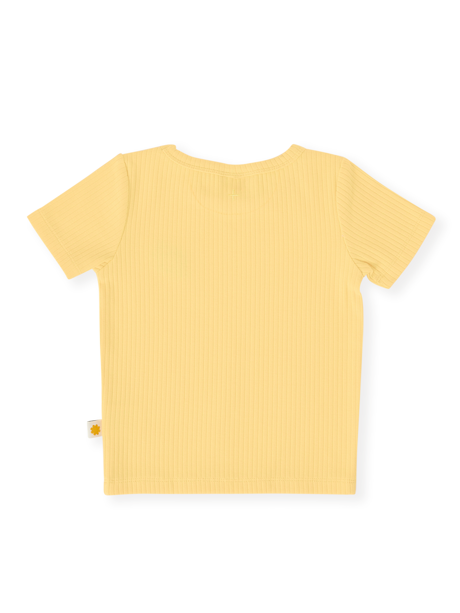 The Goldie + Ace Kai Rib T-Shirt in Lemon pictured on a transparent background. The material is soft cotton elastane. It is a top made for babies, toddlers and kids.
