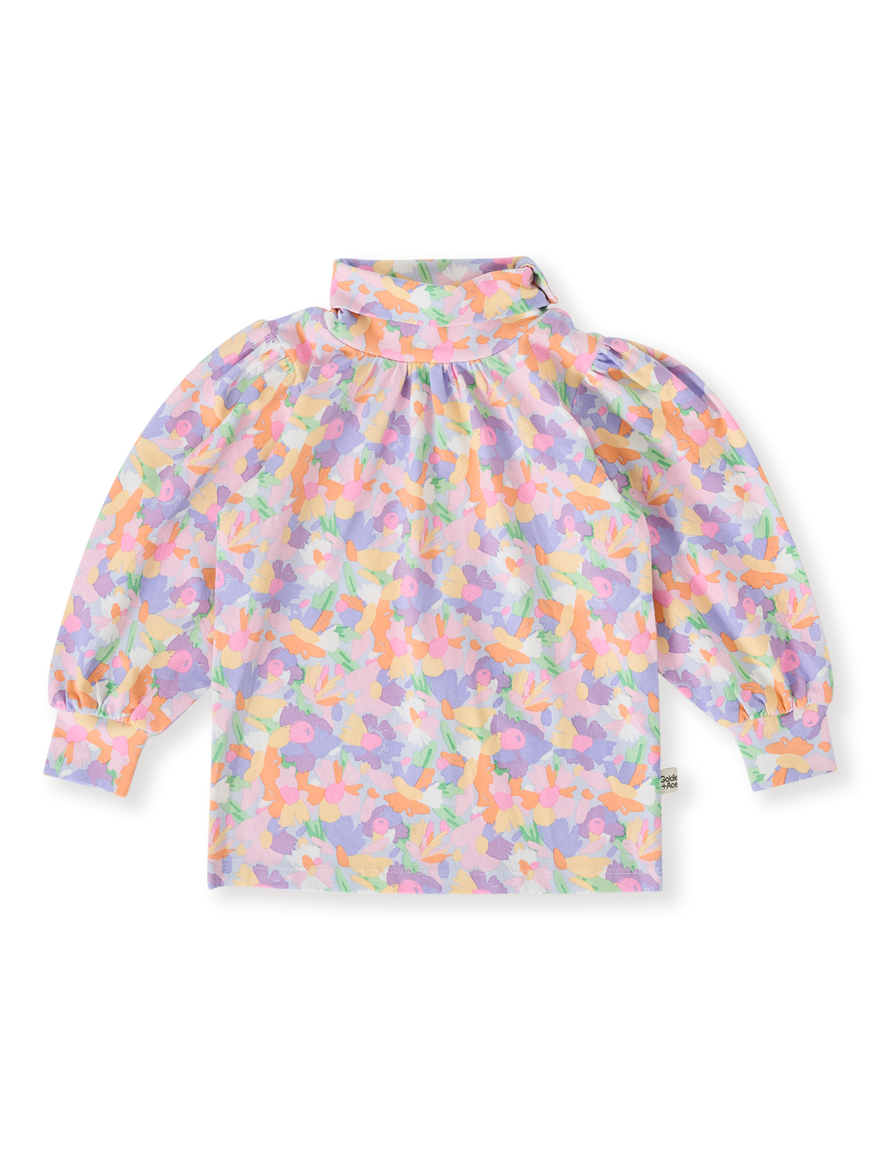 The Goldie + Ace Pastel Bouquet Sofia Puff Sleeve Skivvy in Lilac Multi pictured on a transparent background. The material is soft cotton elastane. It is a top made for babies, toddlers and kids.