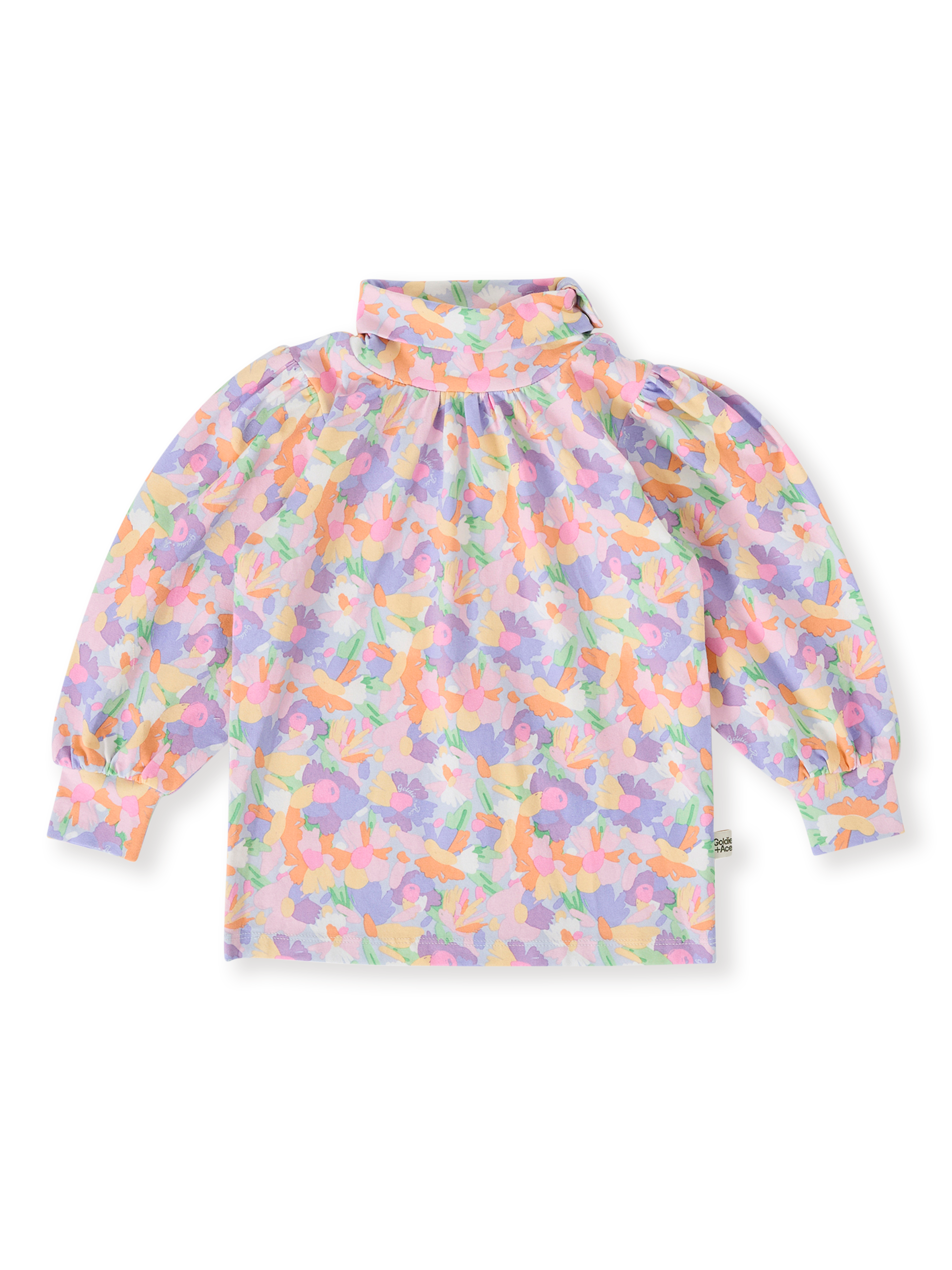 The Goldie + Ace Pastel Bouquet Sofia Puff Sleeve Skivvy in Lilac Multi pictured on a transparent background. The material is soft cotton elastane. It is a top made for babies, toddlers and kids.
